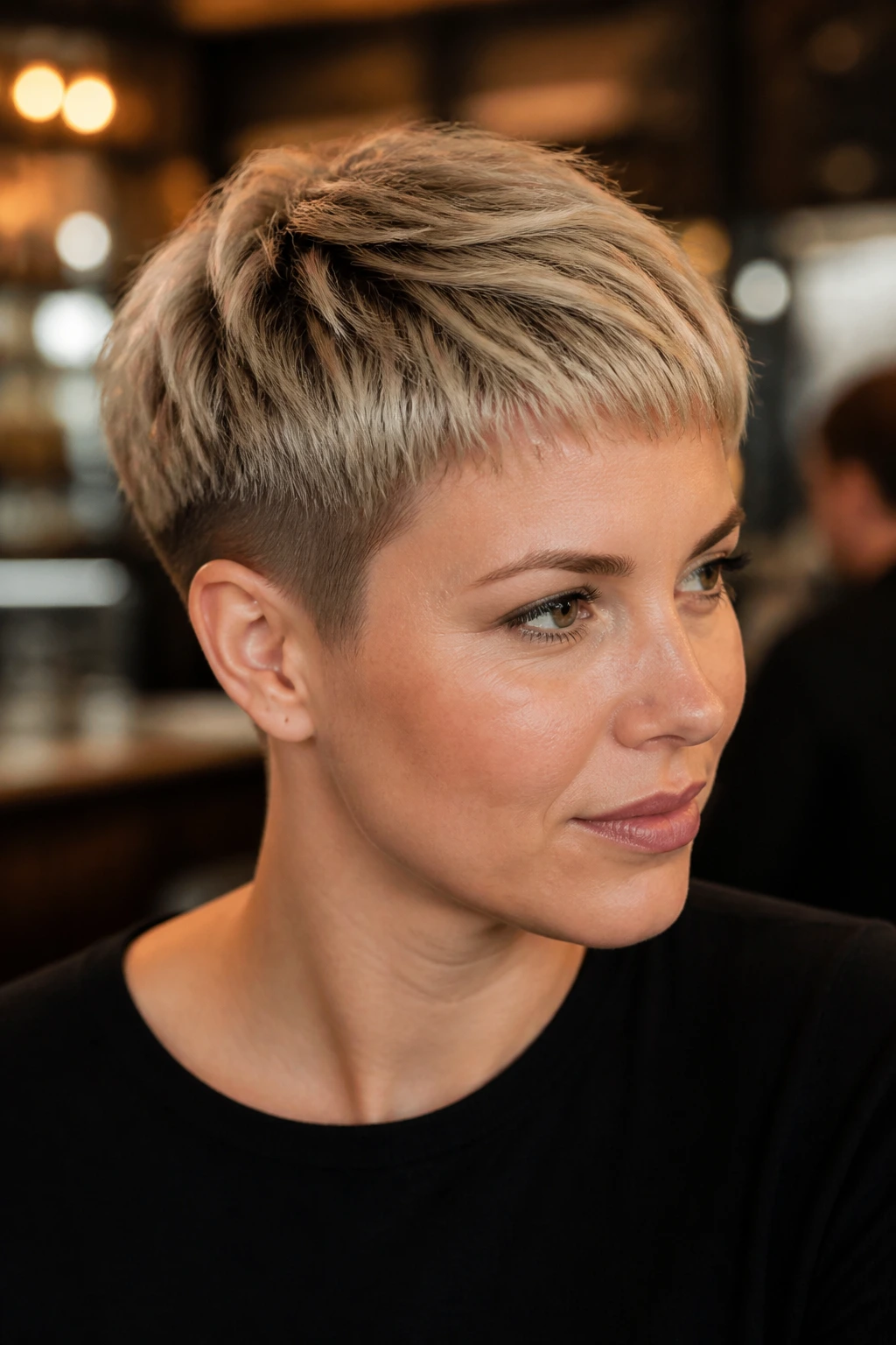 Portrait of a person with razor-cut French crop