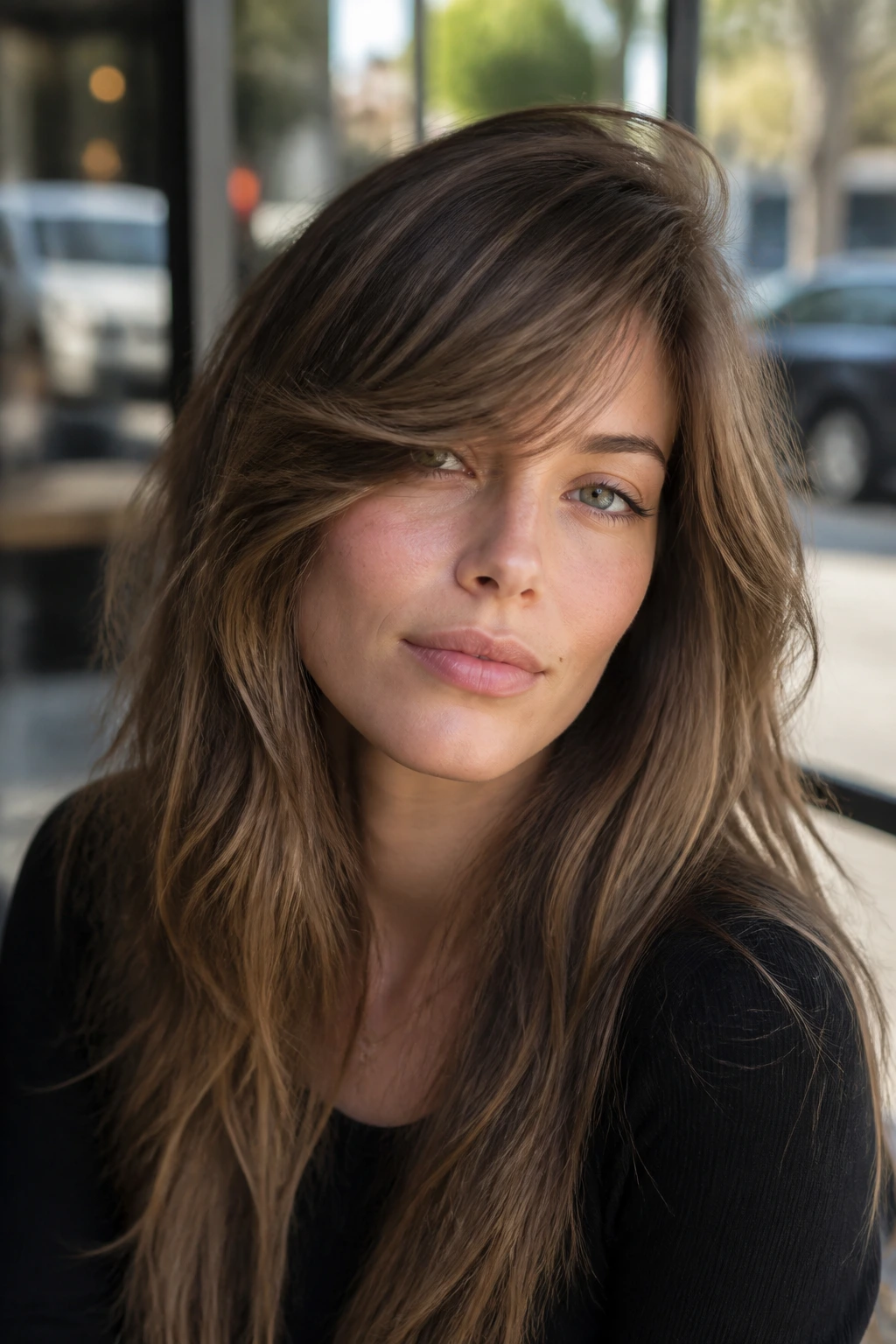 Close-up of a real woman with a razor-cut side fringe blending with long hair.