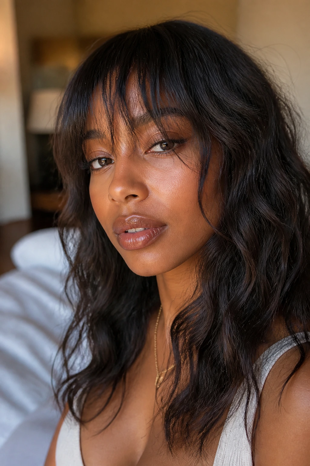 Close-up of a real woman with razor-cut fringe and soft movement in natural light