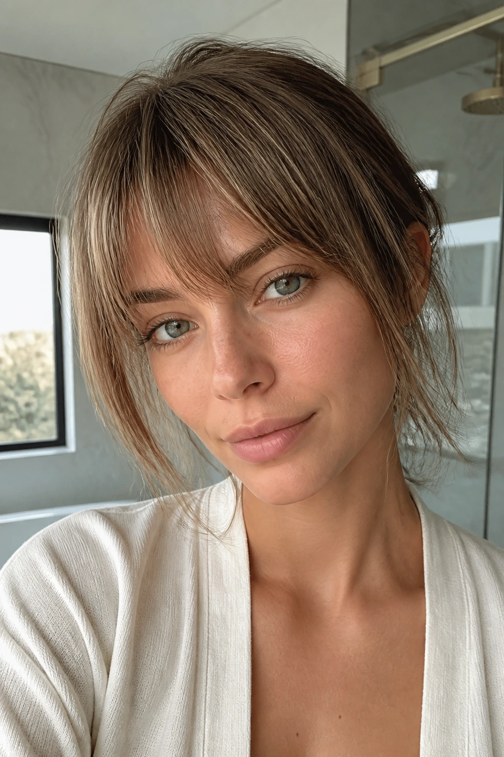 Close-up of a real person with a razor-cut fringe showing movement