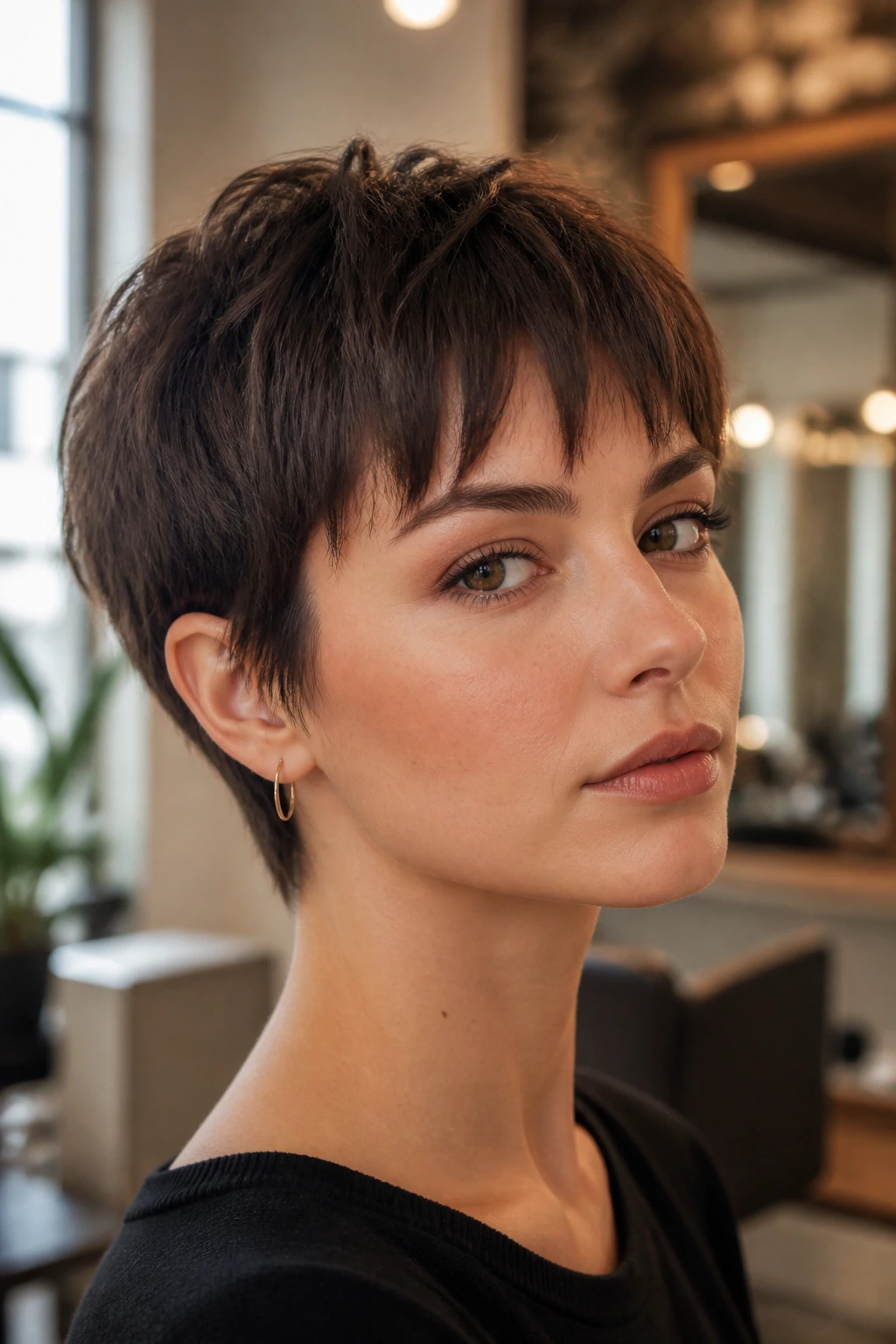 Close-up portrait of a real person with a razor-cut fringe on a textured crop in a salon.
