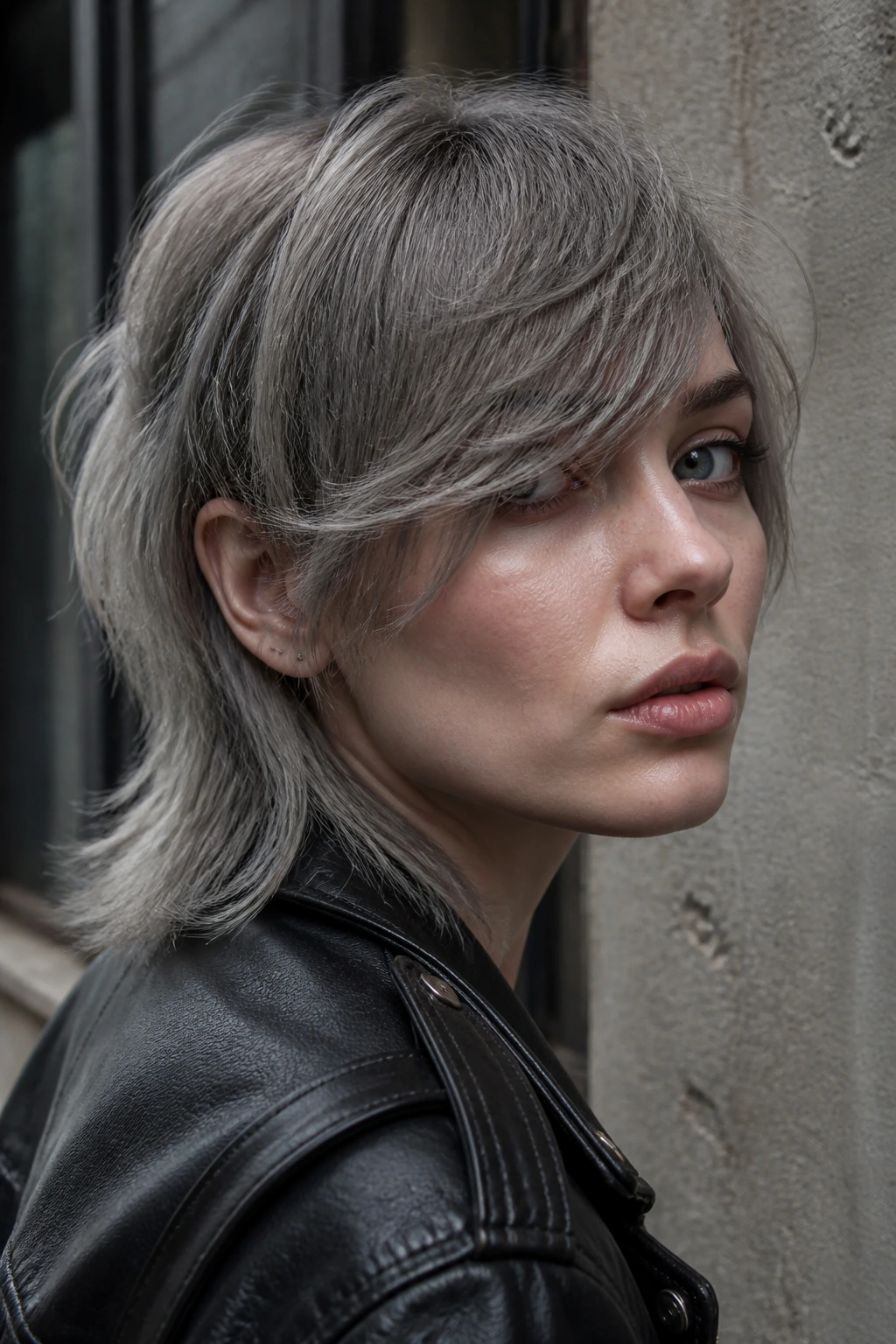 Close-up portrait of a real person with a razor-cut grey shullet and sweeping fringe
