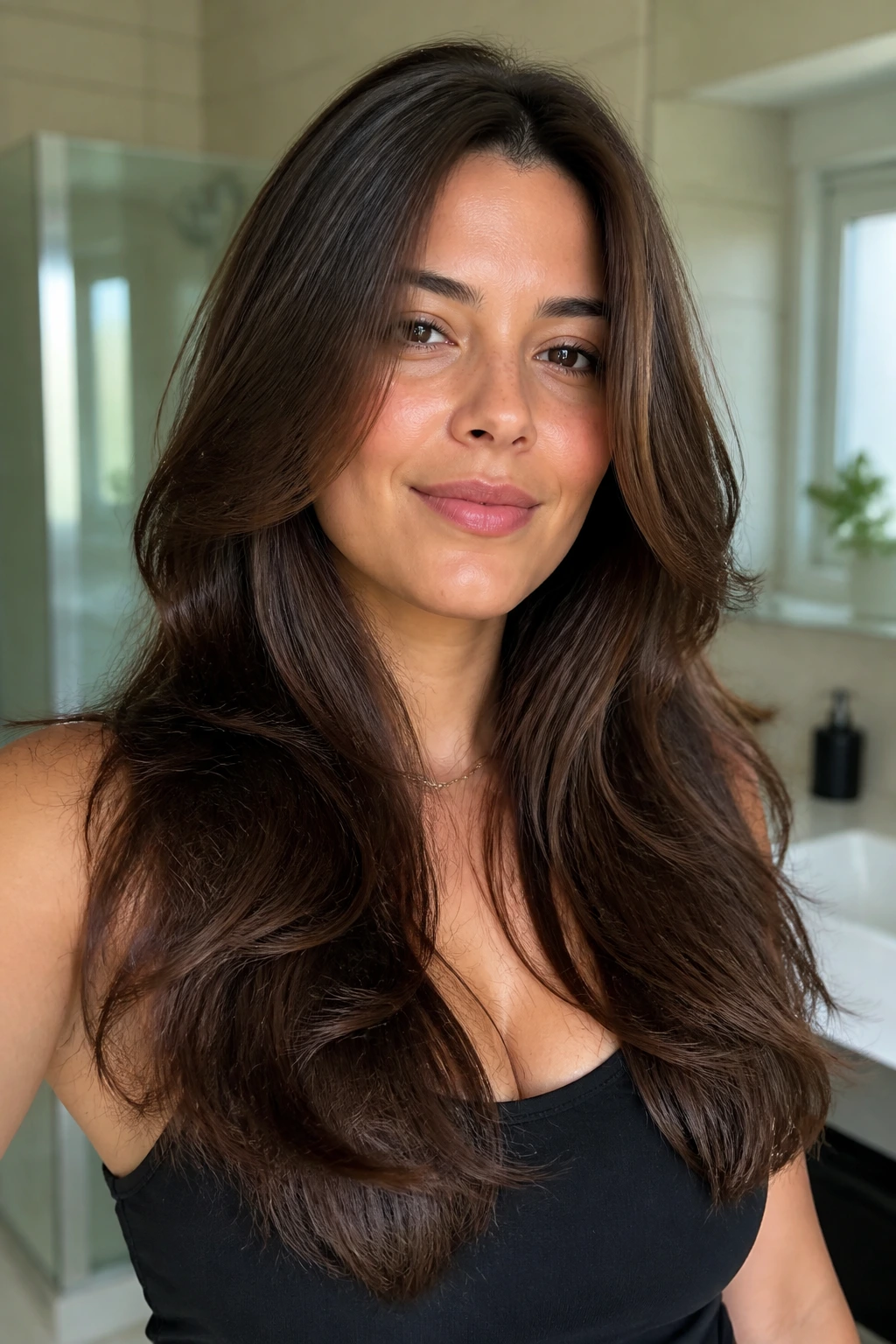 Close-up portrait of a real person with thick hair and razor-cut layers.