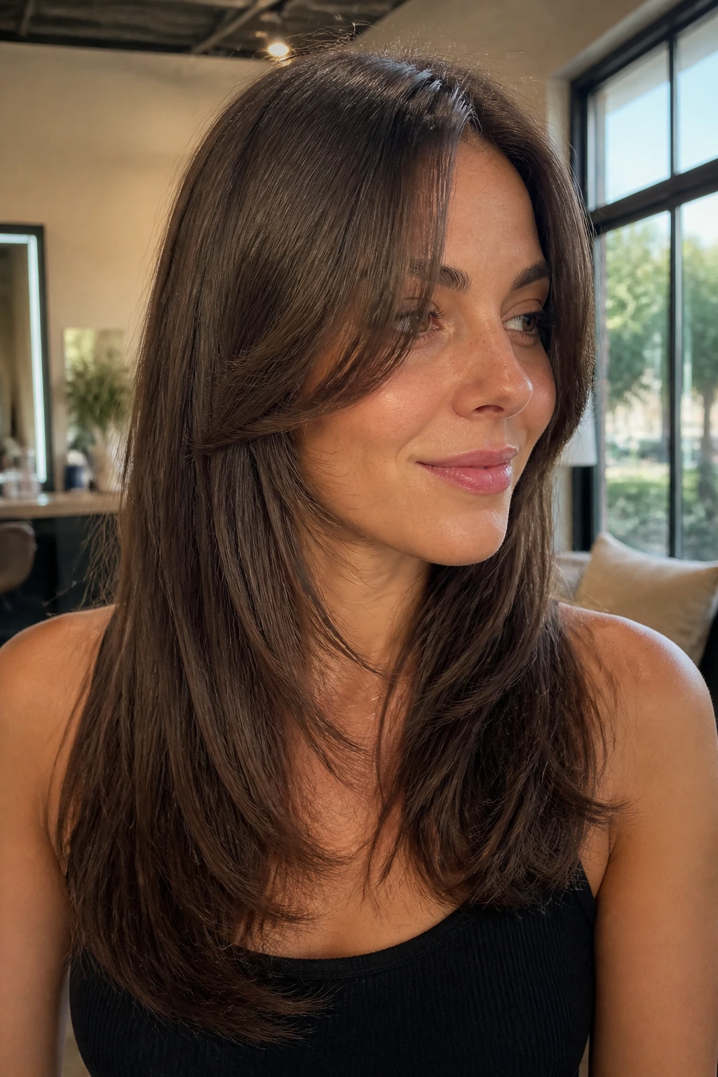 Close-up portrait of a real woman with razor-soft straight layers and curtain bangs in salon lighting