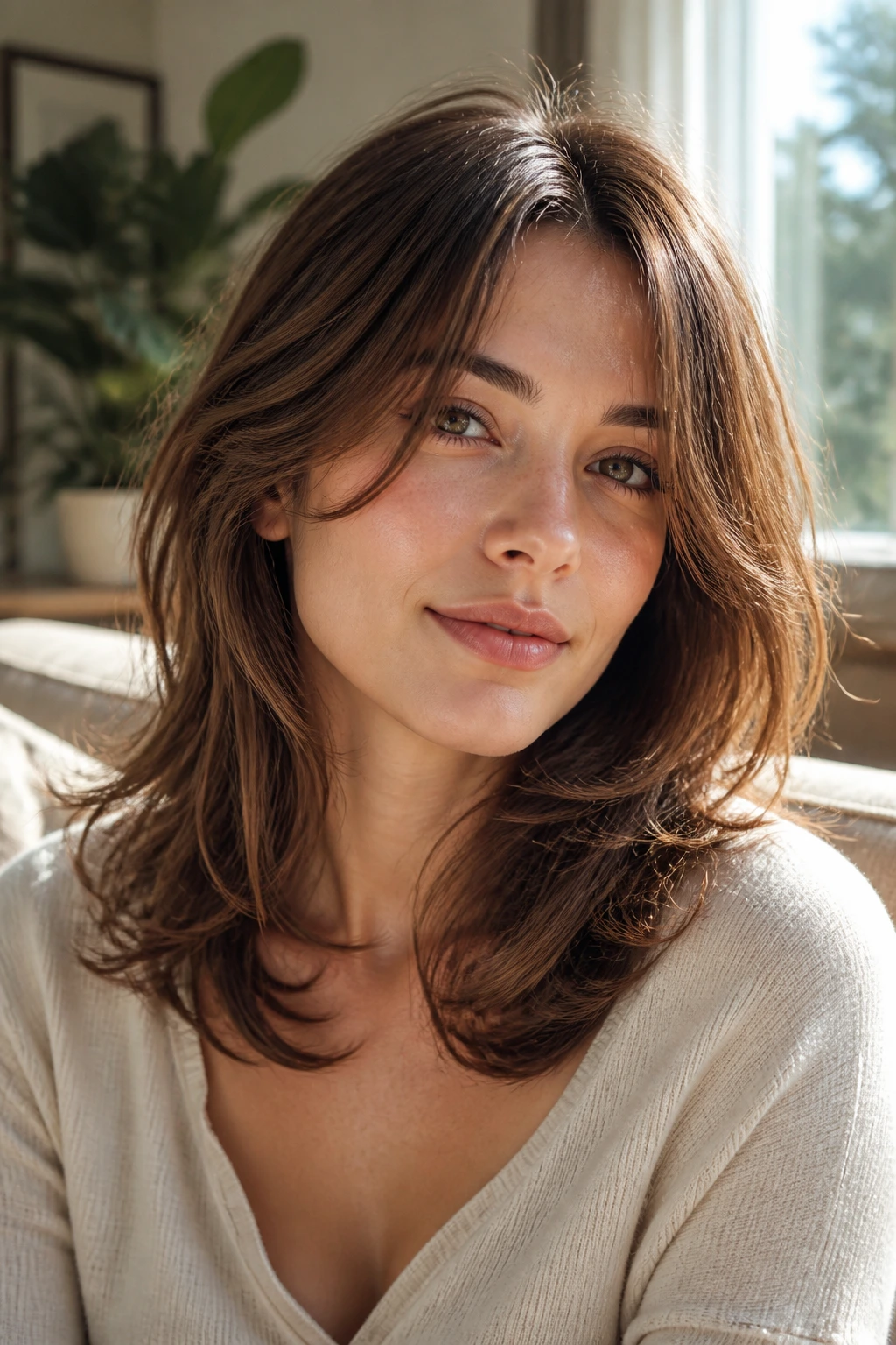 Close-up portrait of a real woman with razor-cut layers and tapered fringe in warm window light