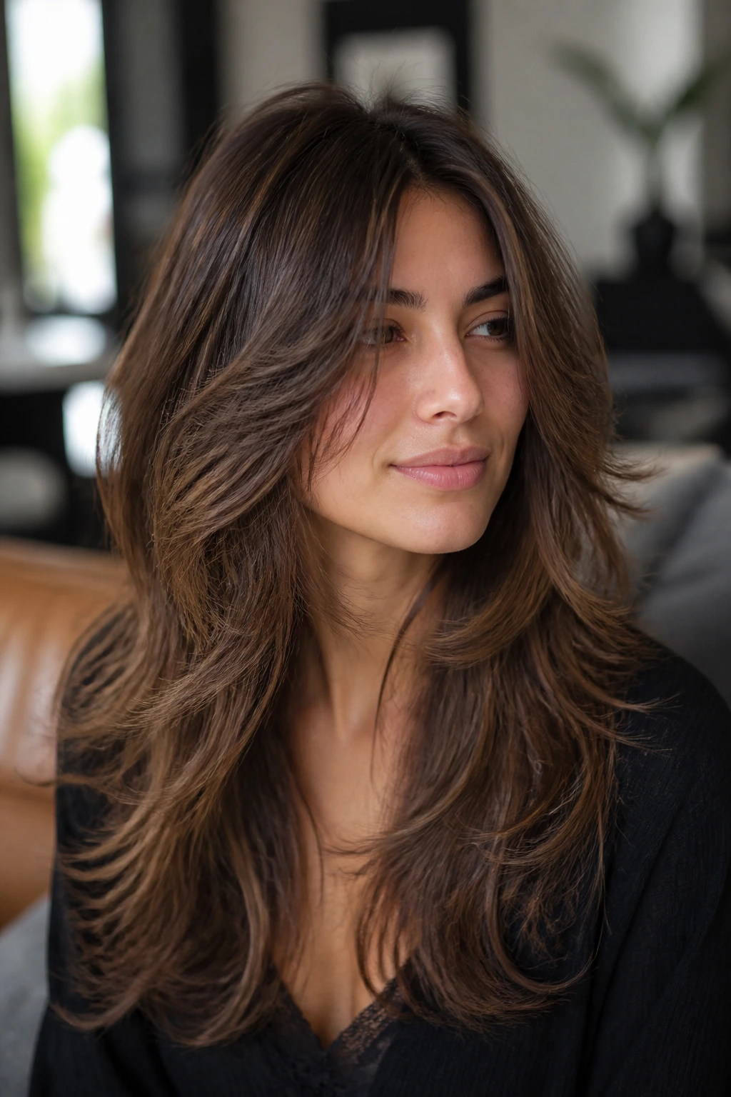 Close-up portrait of a real woman showing razor-cut airy layers with softened interior and face-framing pieces