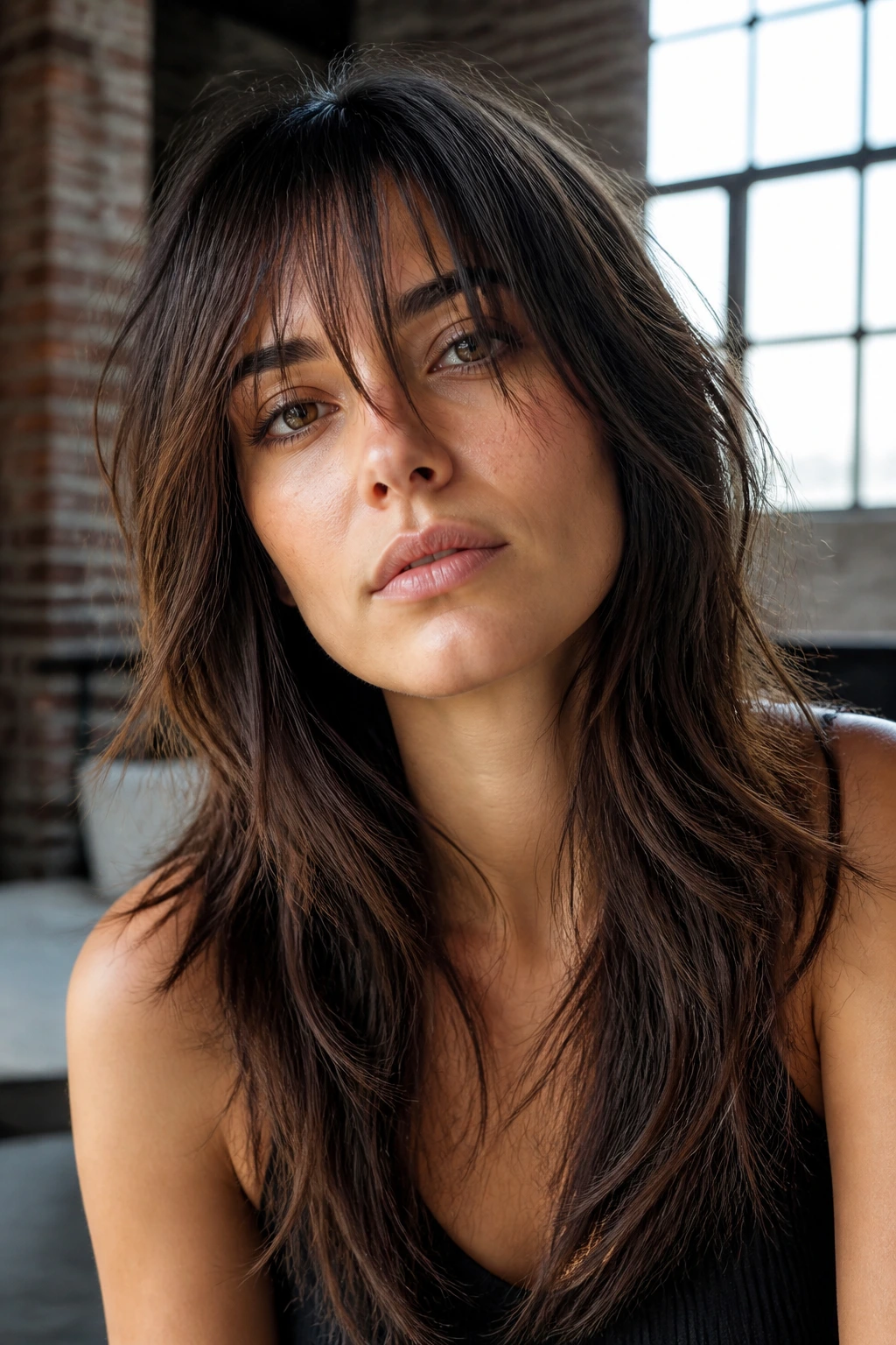 Close-up portrait of a woman with razor-cut layers and shattered bangs in soft loft light