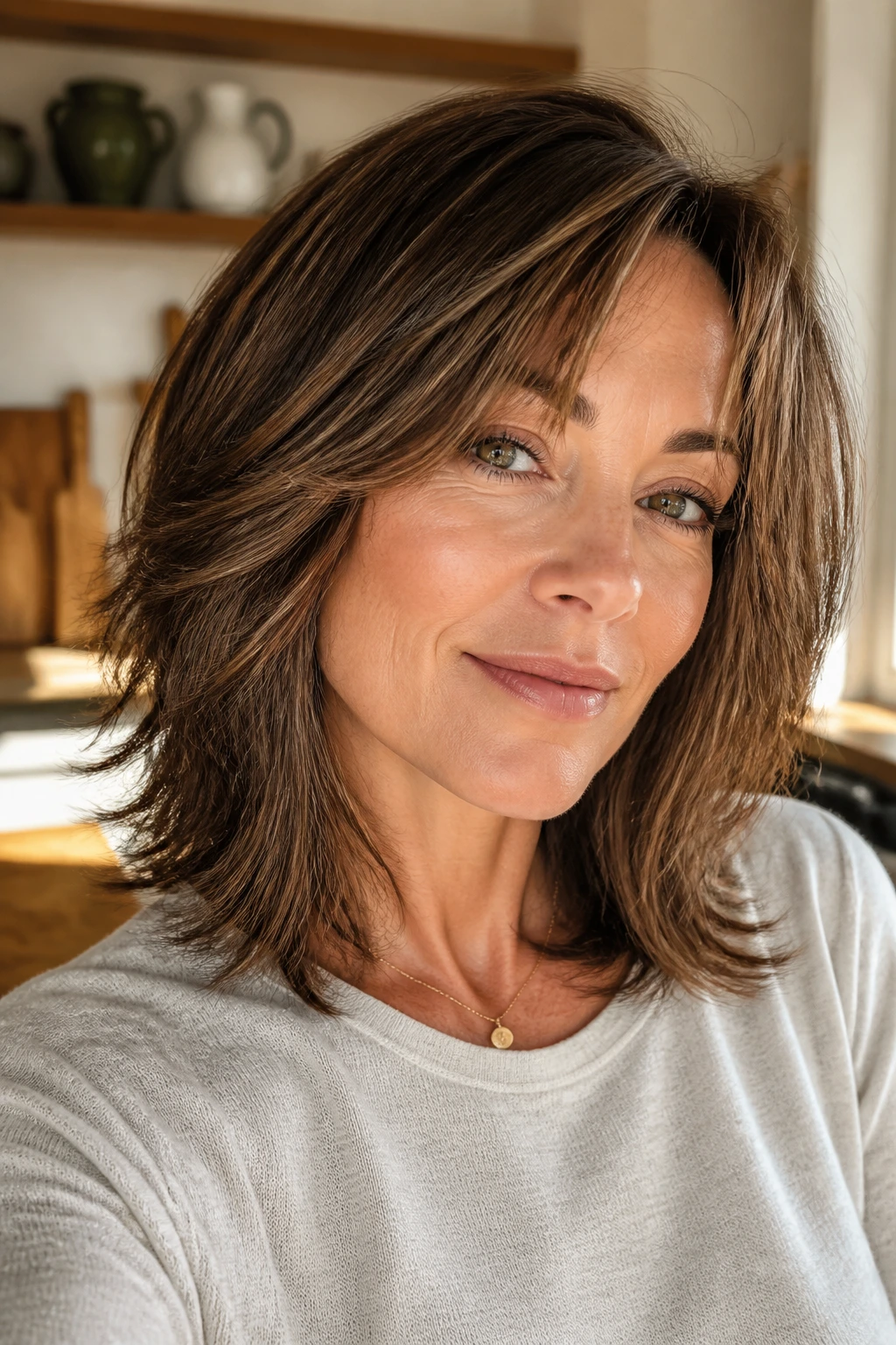 Close-up of a real woman with razor-cut shoulder-length layers and wispy ends.
