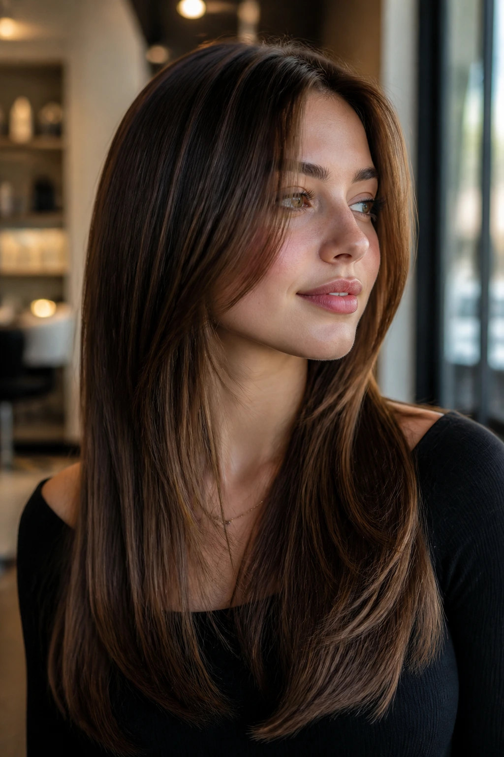 Close-up portrait of a real woman with razor-cut layers on straight hair in natural window light