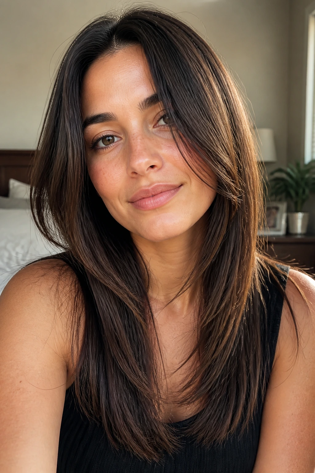 Close-up portrait of a real woman with razor-cut mid-length layers in straight hair