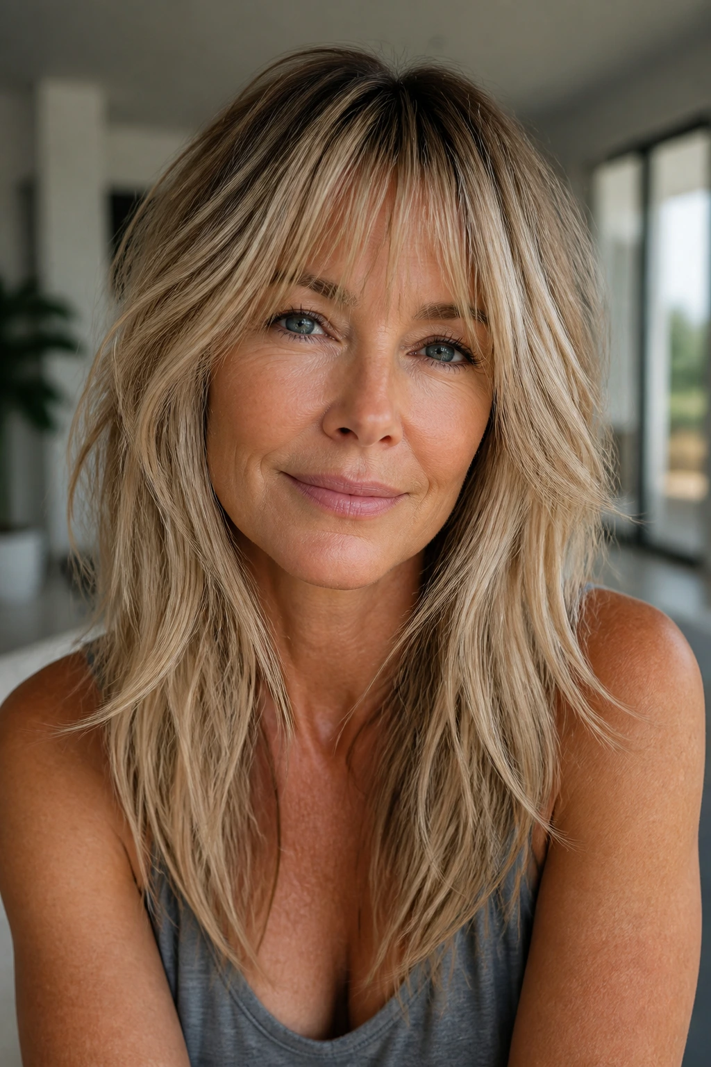 Real woman with razor-cut lengths and piecey bangs in close-up.