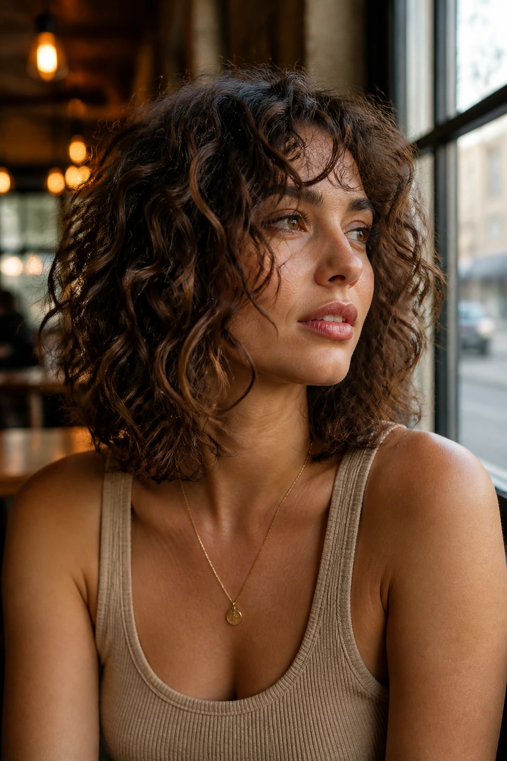 Close-up portrait of a real woman with shoulder-length curly hair and airy razor-cut ends.