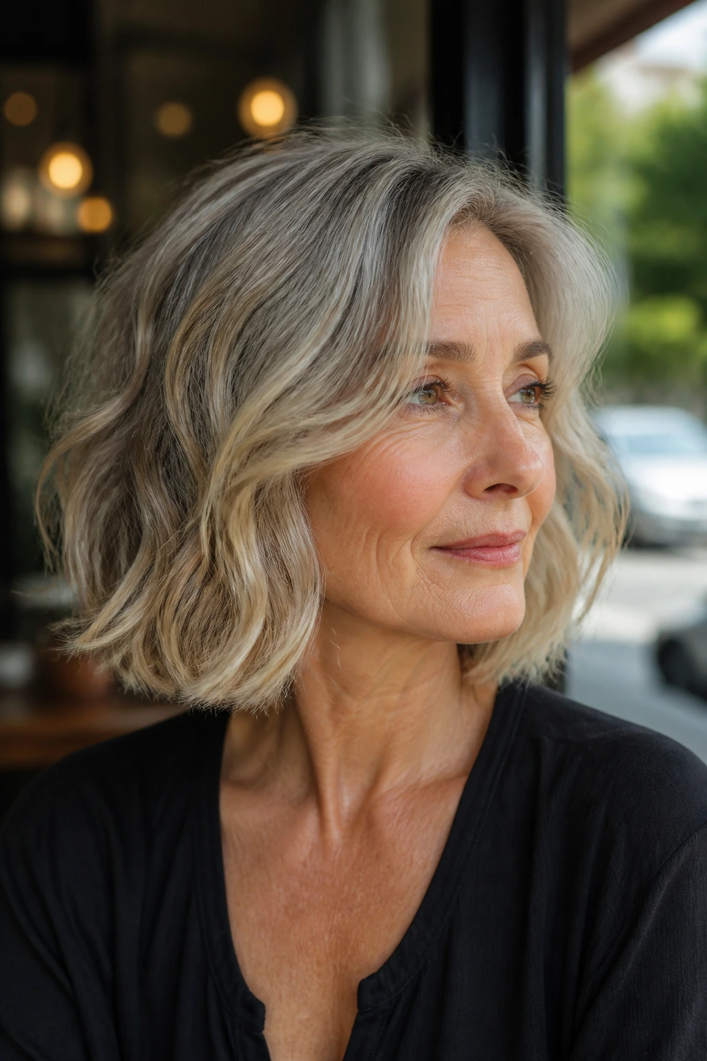 Close-up of a real woman with a razor-cut lob showing end movement in natural light