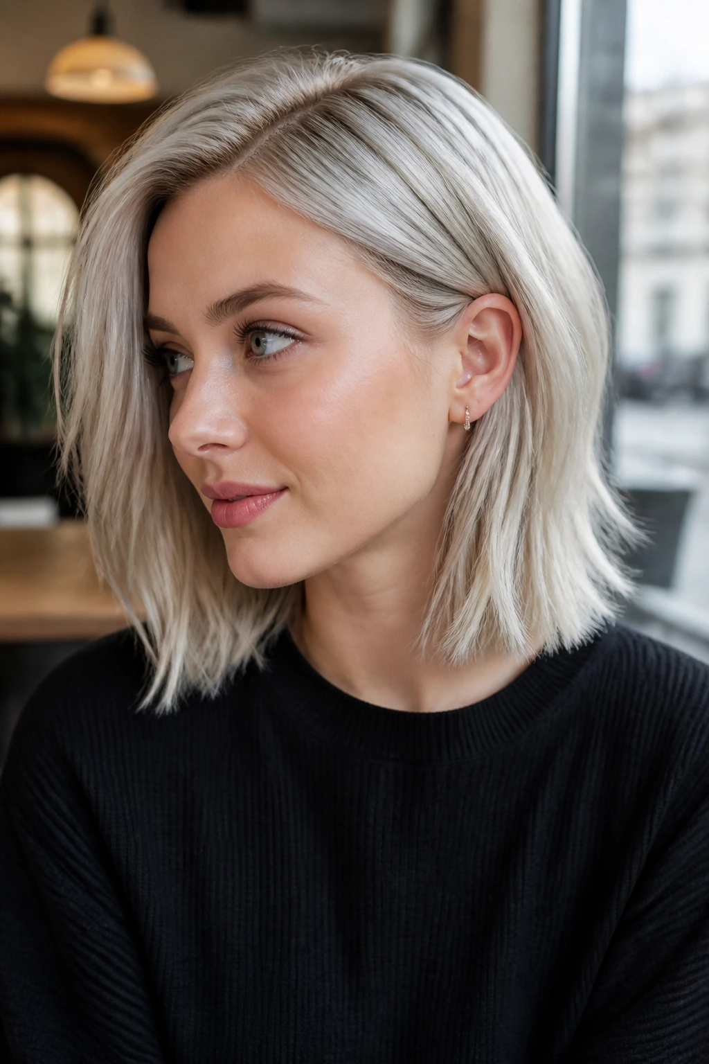 Portrait of woman with razor-cut lob and pale ends