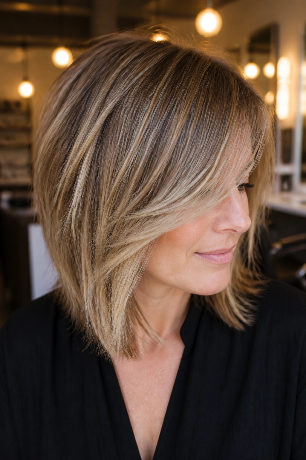 Close-up of a woman with a razor-cut lob and sandalwood highlights.