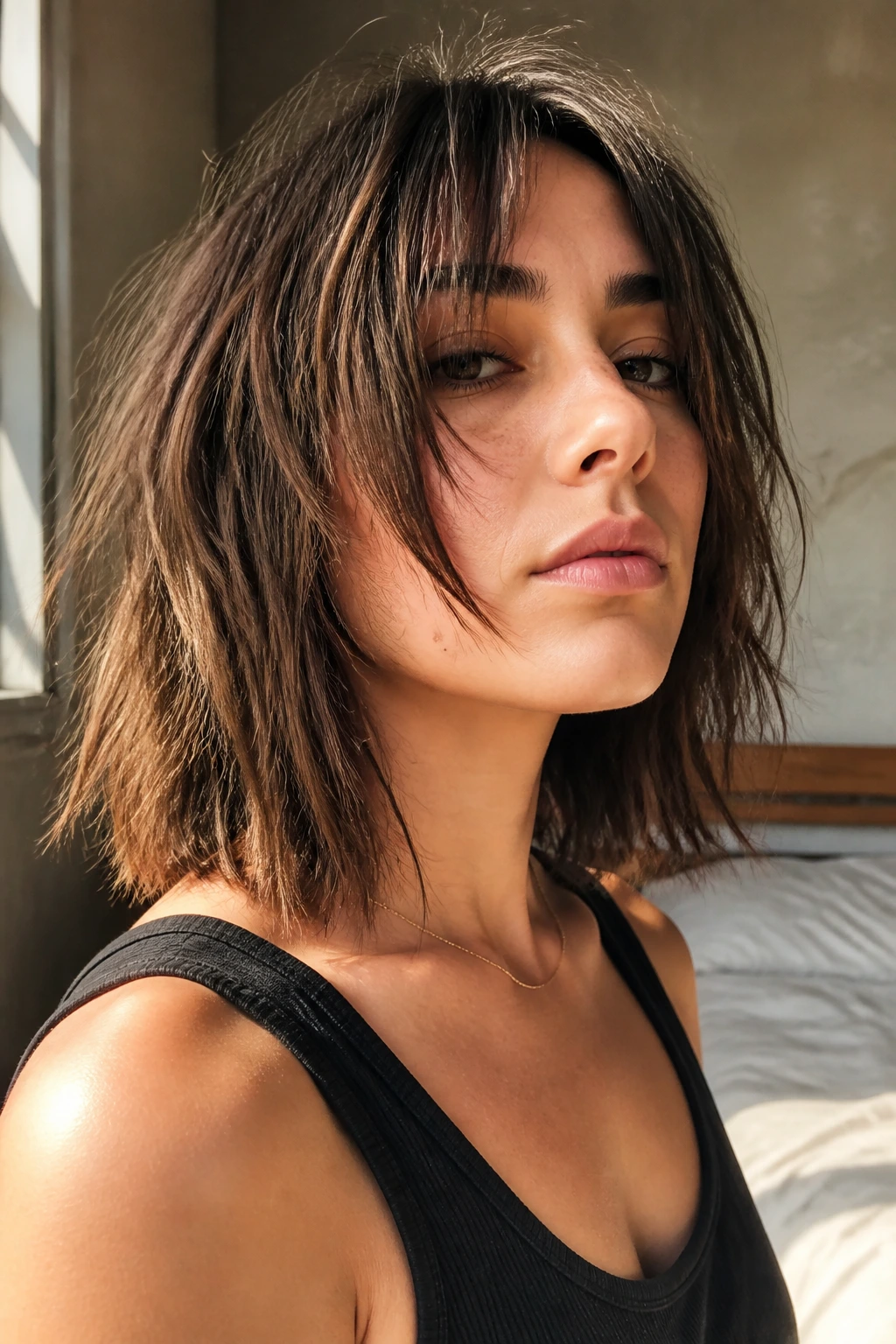 Close-up portrait of a real person with a razor-cut lob and shattered ends.