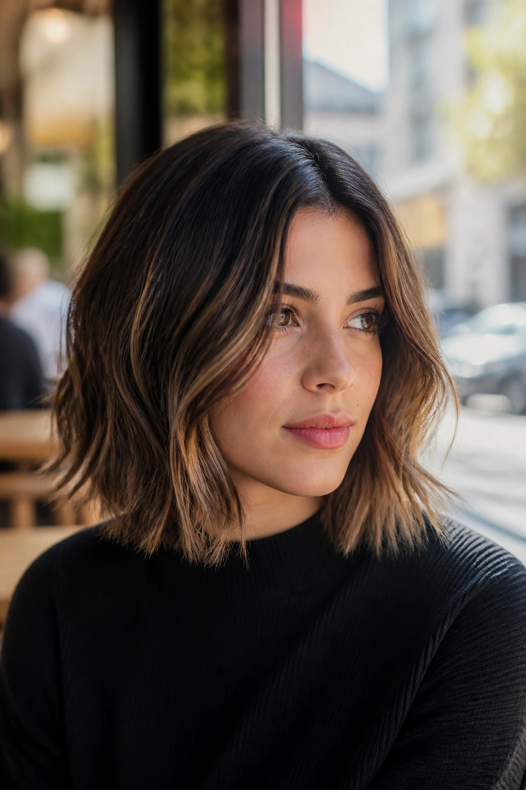 Close-up portrait of a woman with a razor-cut lob and face-framing waves in warm cafe light