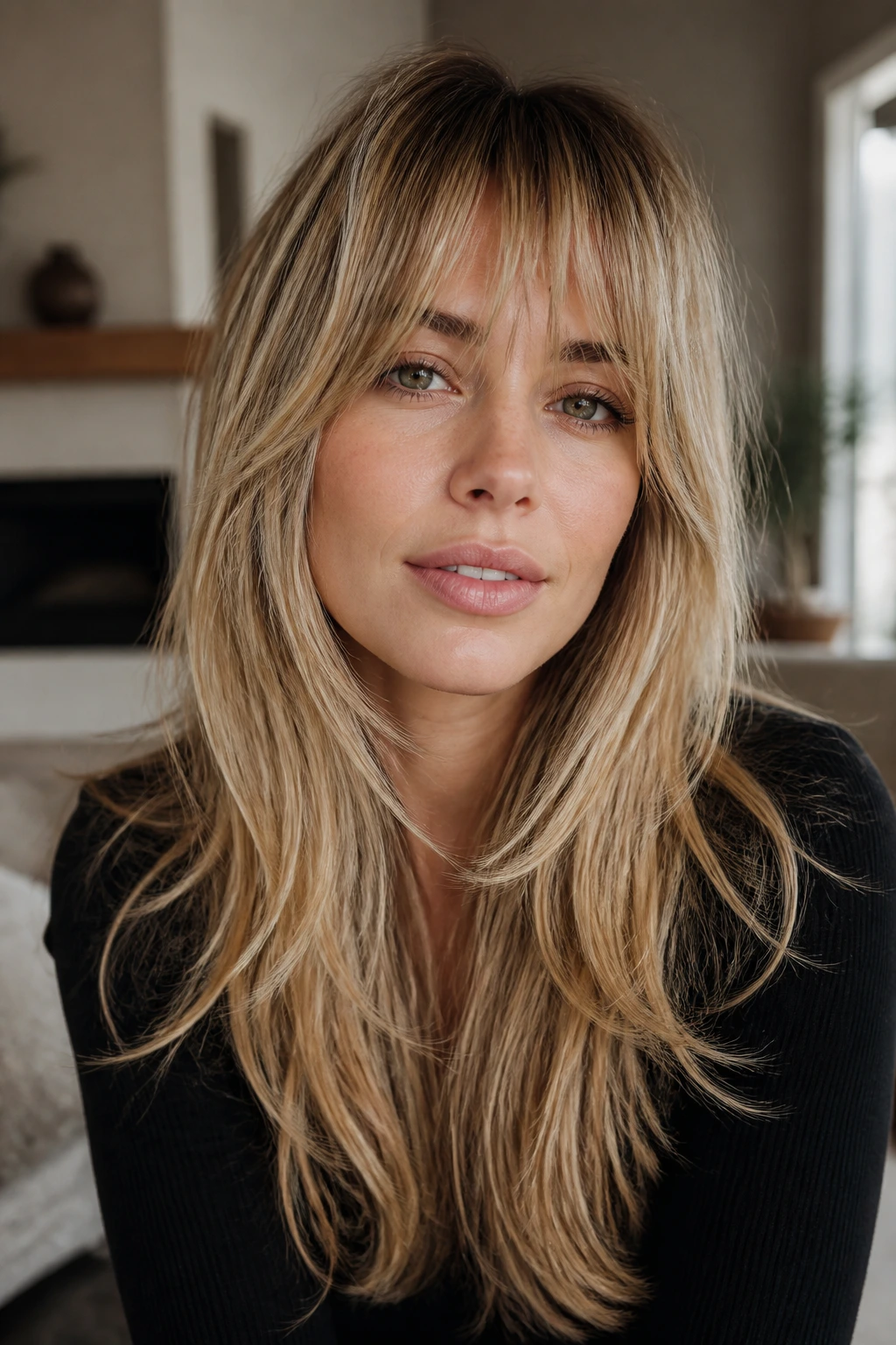 Close-up of a real woman with razor-cut long layers and soft bang veil