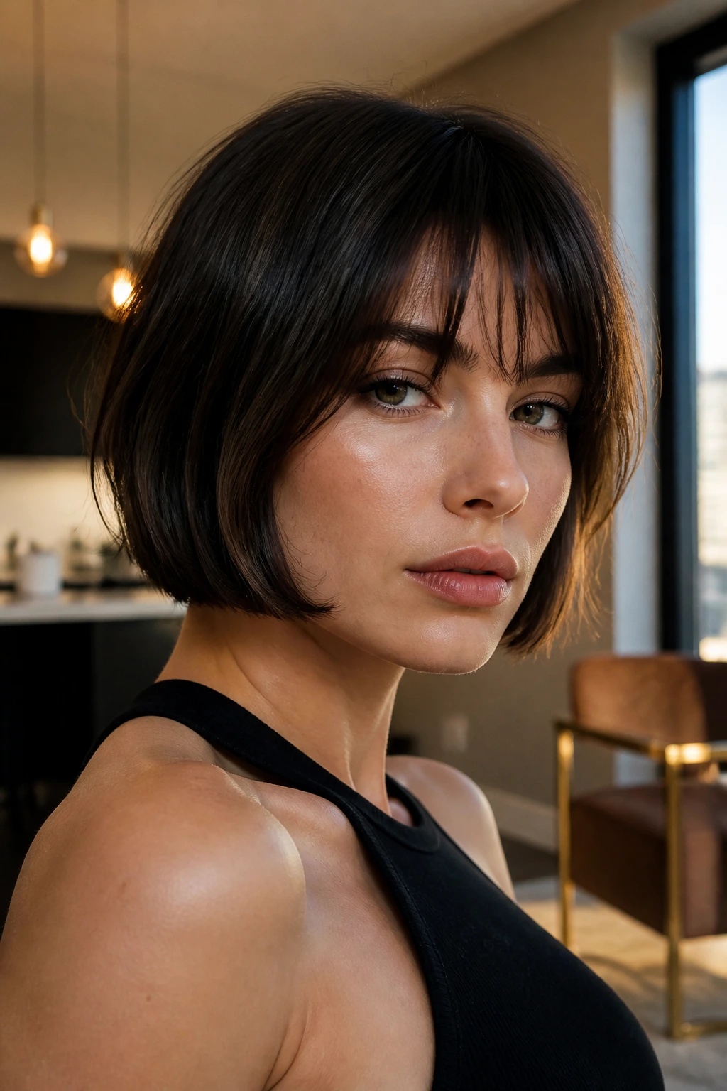 Close-up of a real woman with a jaw-skimming razor-cut micro bob.