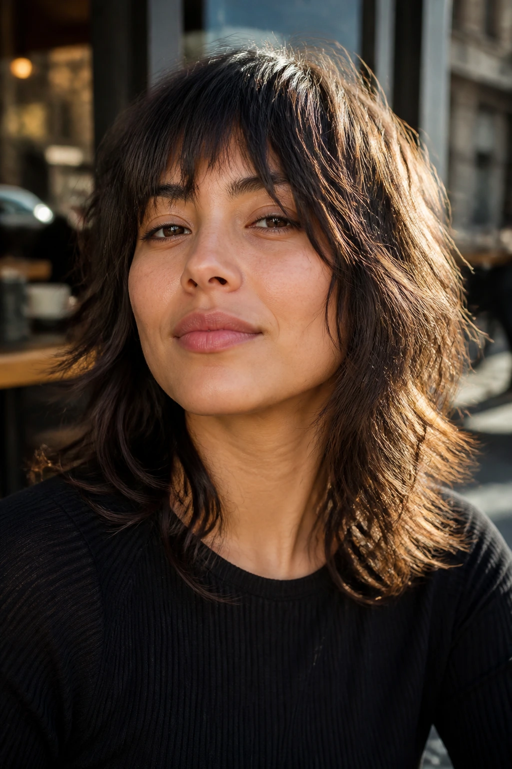 Close-up of a real person with a razor-cut midi shag