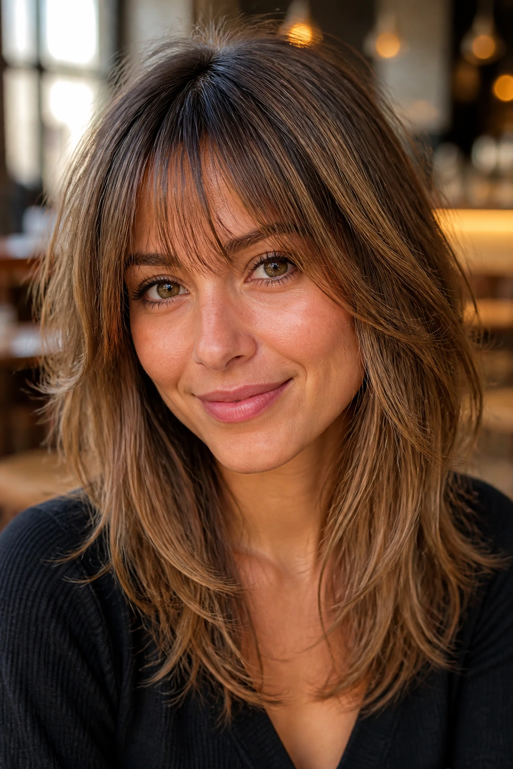 Close-up of razor-cut midi with wispy fringe on a real person