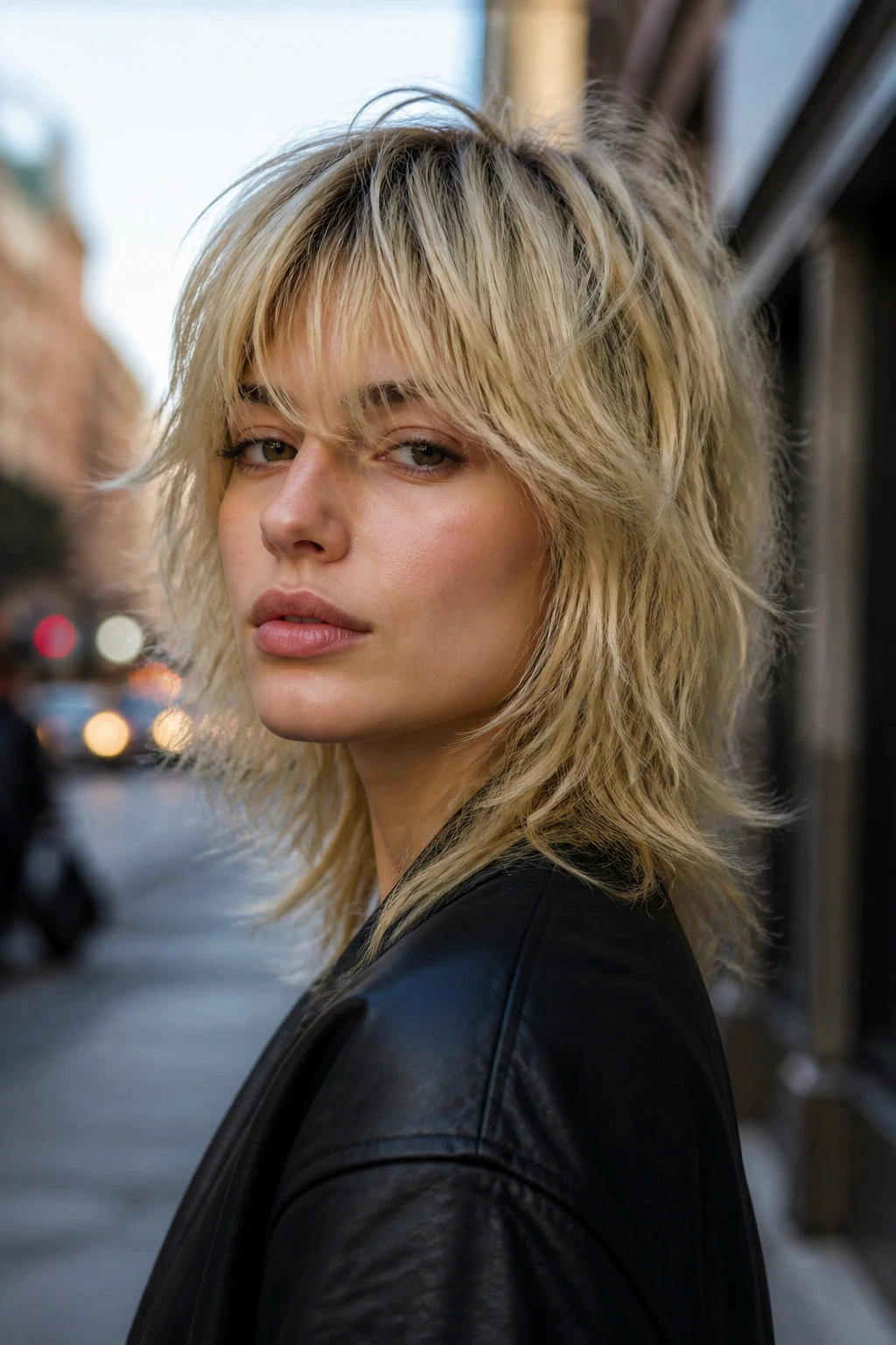 Portrait of a real woman with Razor-Cut Modern Shag hairstyle on city street.