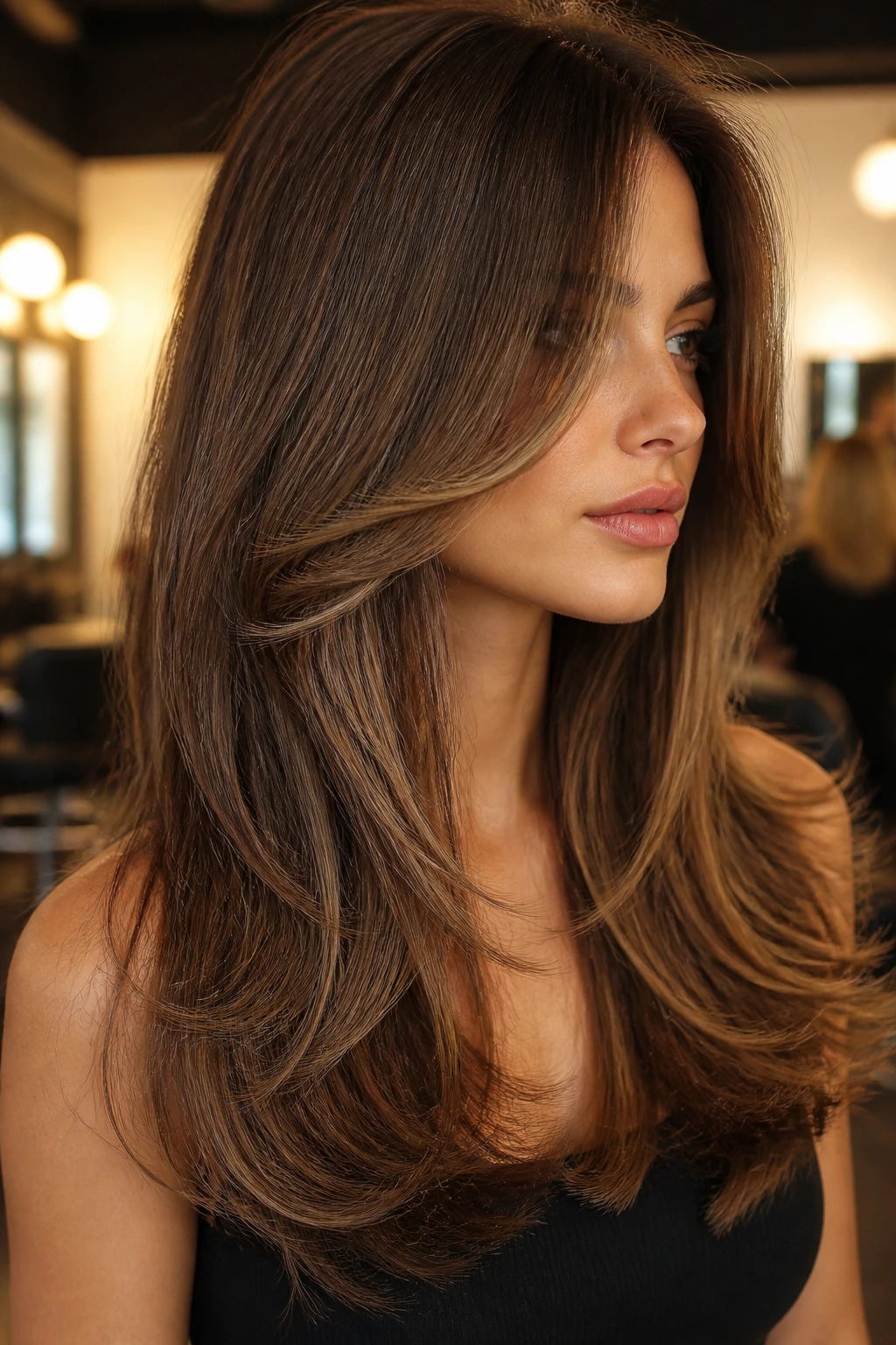 Close-up of a real person with feathered razor-cut layers