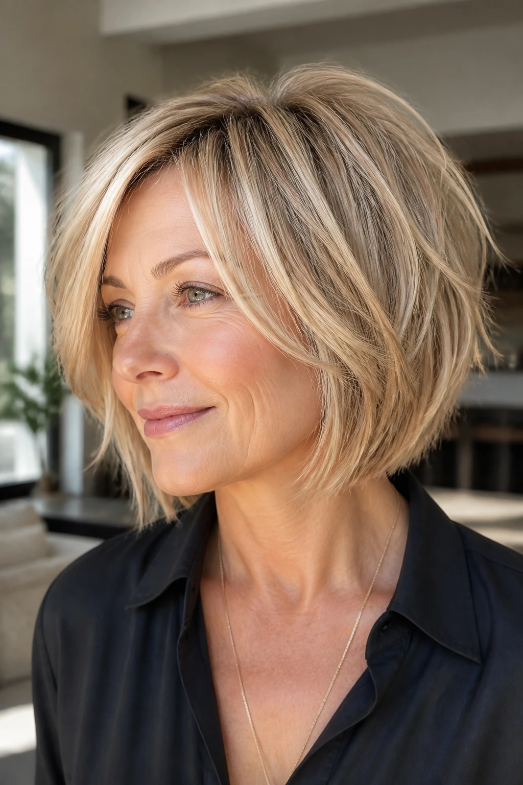 Real woman with razor-cut piecey bob showing texture, warm blonde tones.