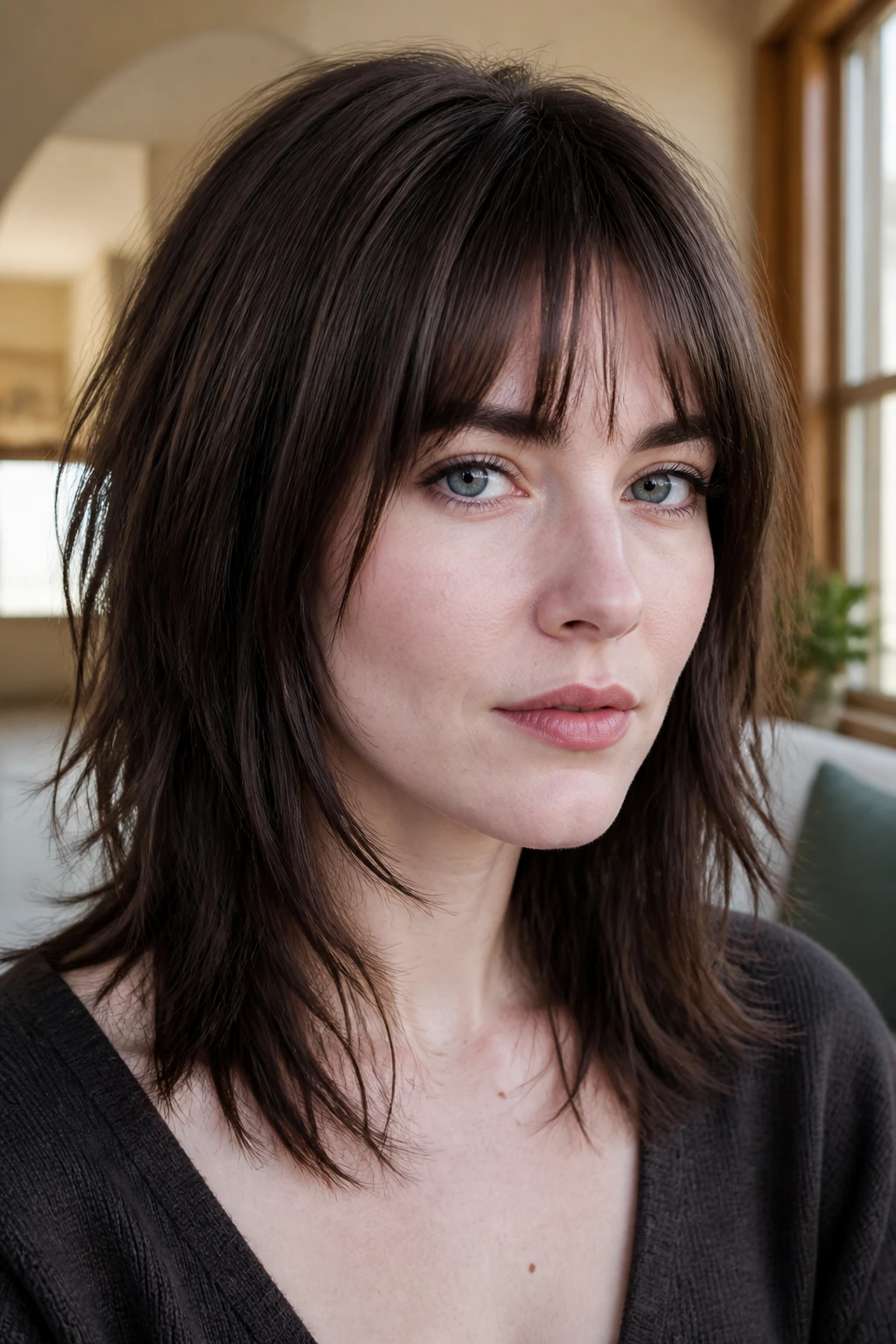 Close-up portrait of a pale-skinned woman with medium brunette razor-cut piecey ends in soft window light