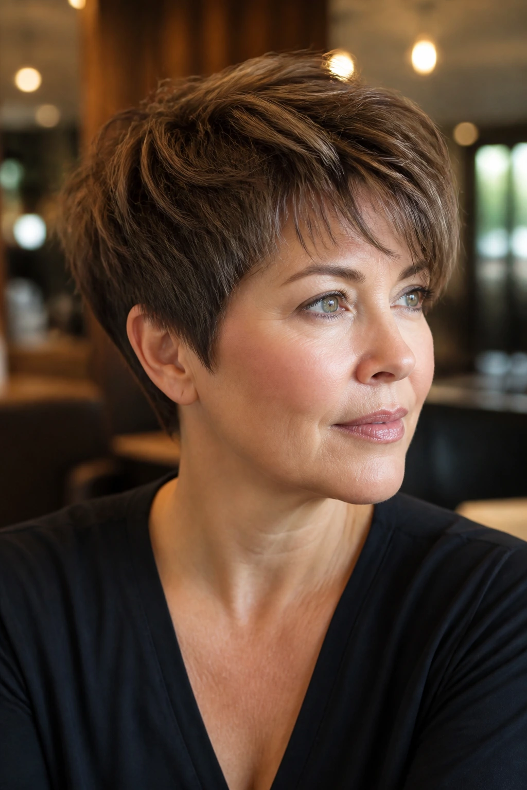 Close-up portrait of a real woman with razor-cut pixie texture on the perimeter