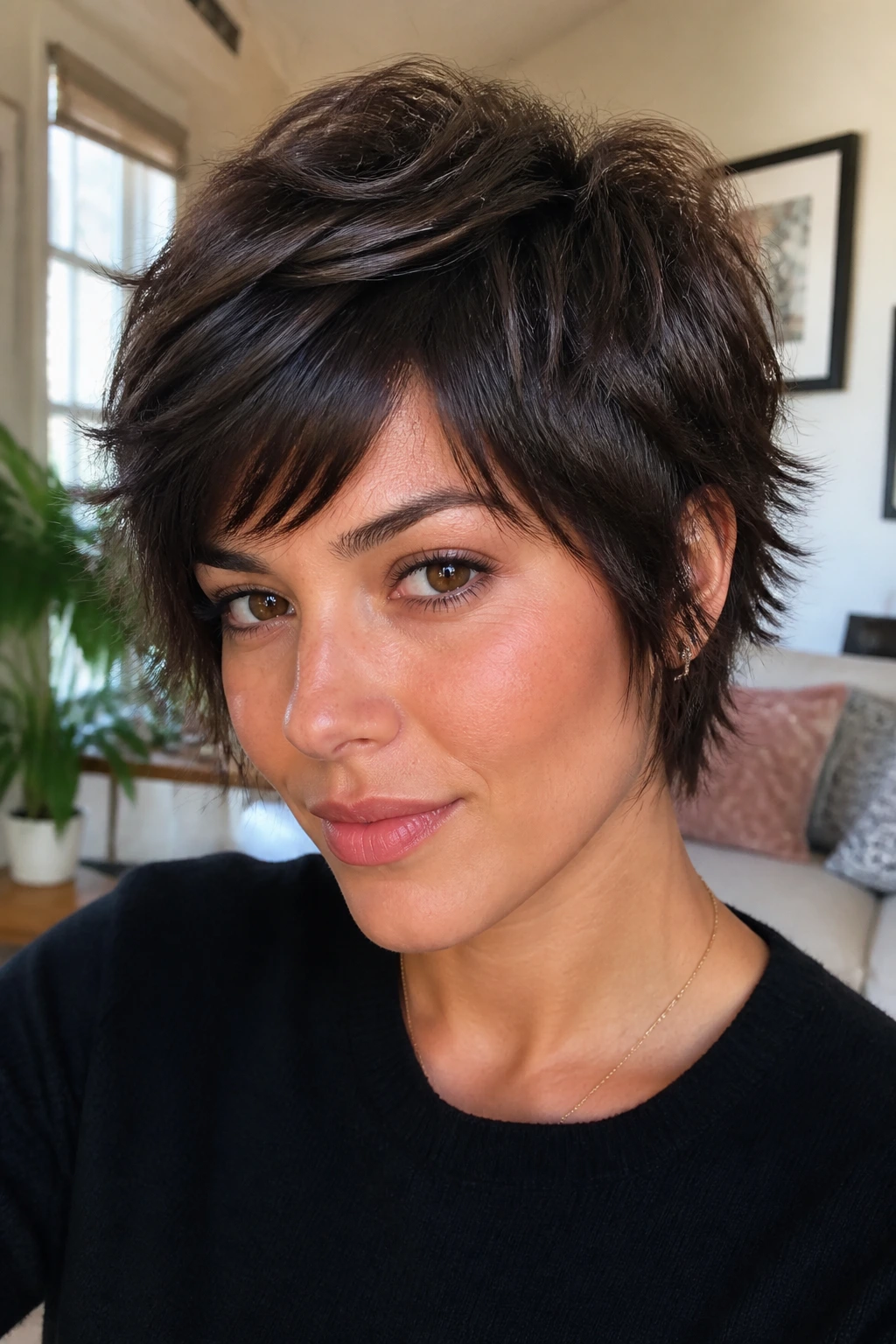 Close-up of a real woman with razor-cut pixie shag showing soft airy ends