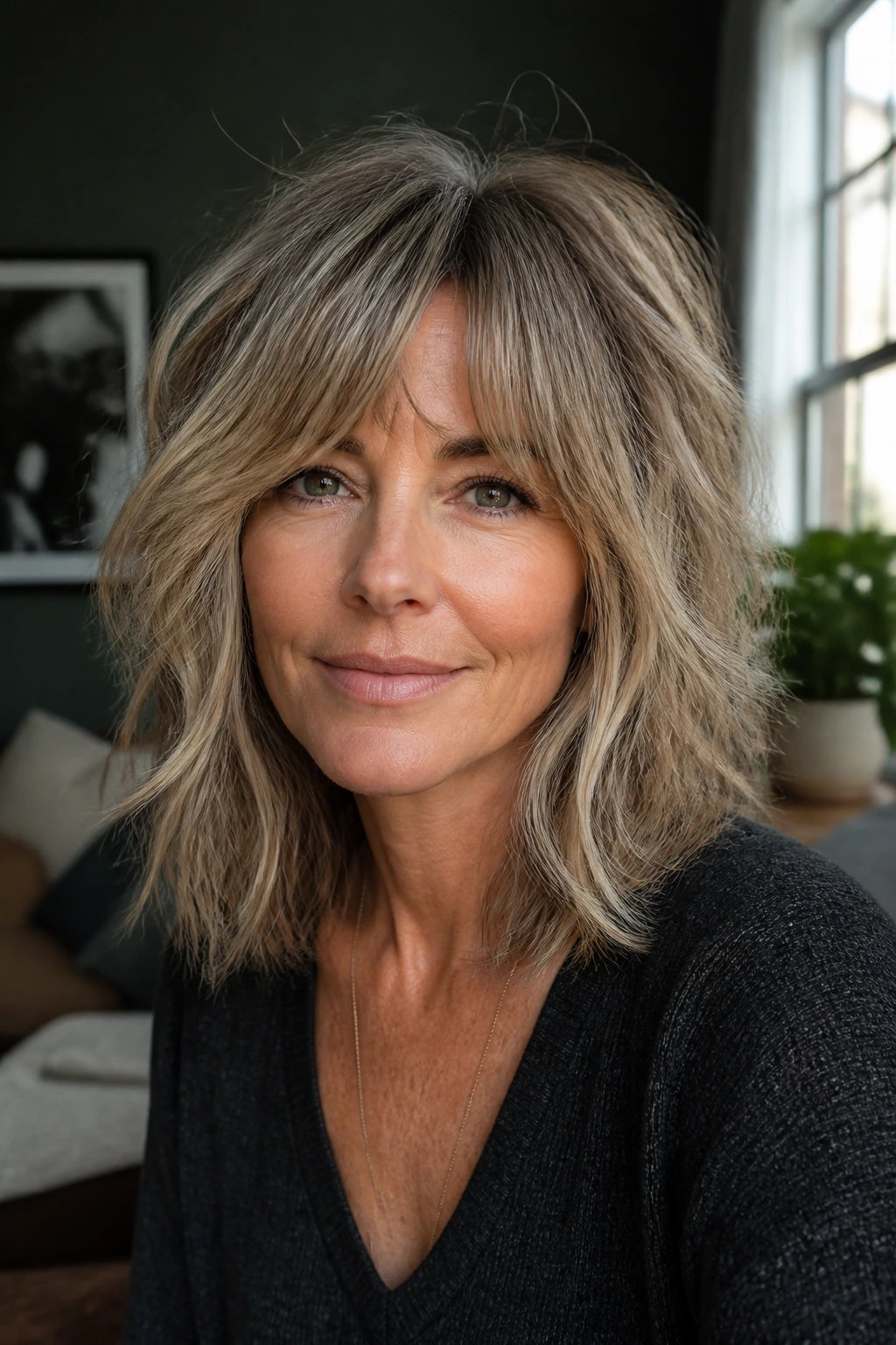 Portrait of a woman with soft razor-cut shag hairstyle