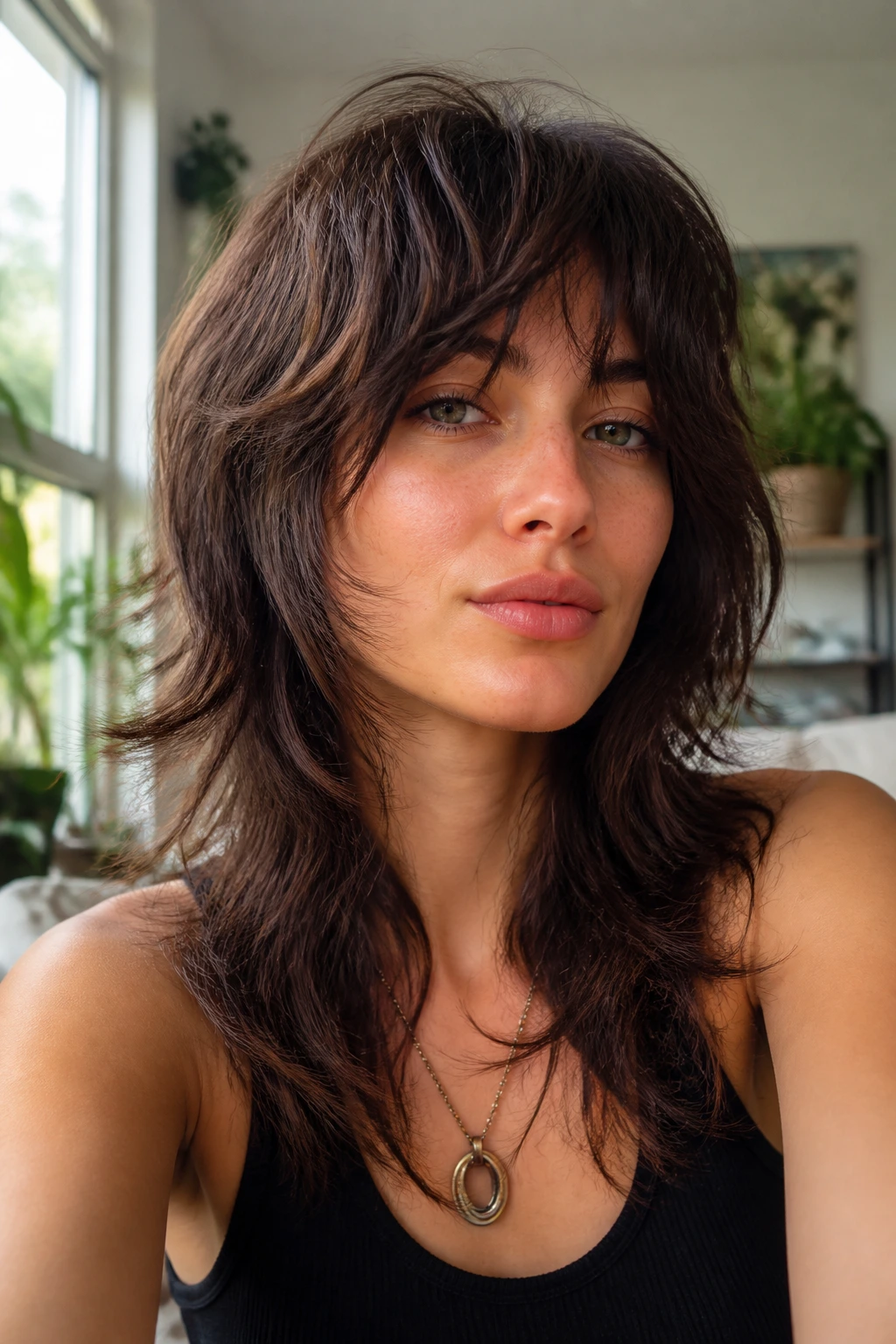 Close-up of a real woman with razor-cut shag and airy ends in sunlit living room