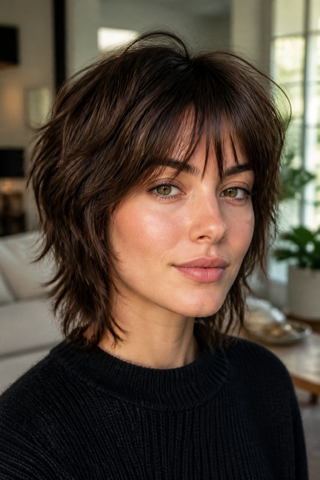 Close-up of a real woman with a razor-cut shag and bottleneck bangs in natural window light