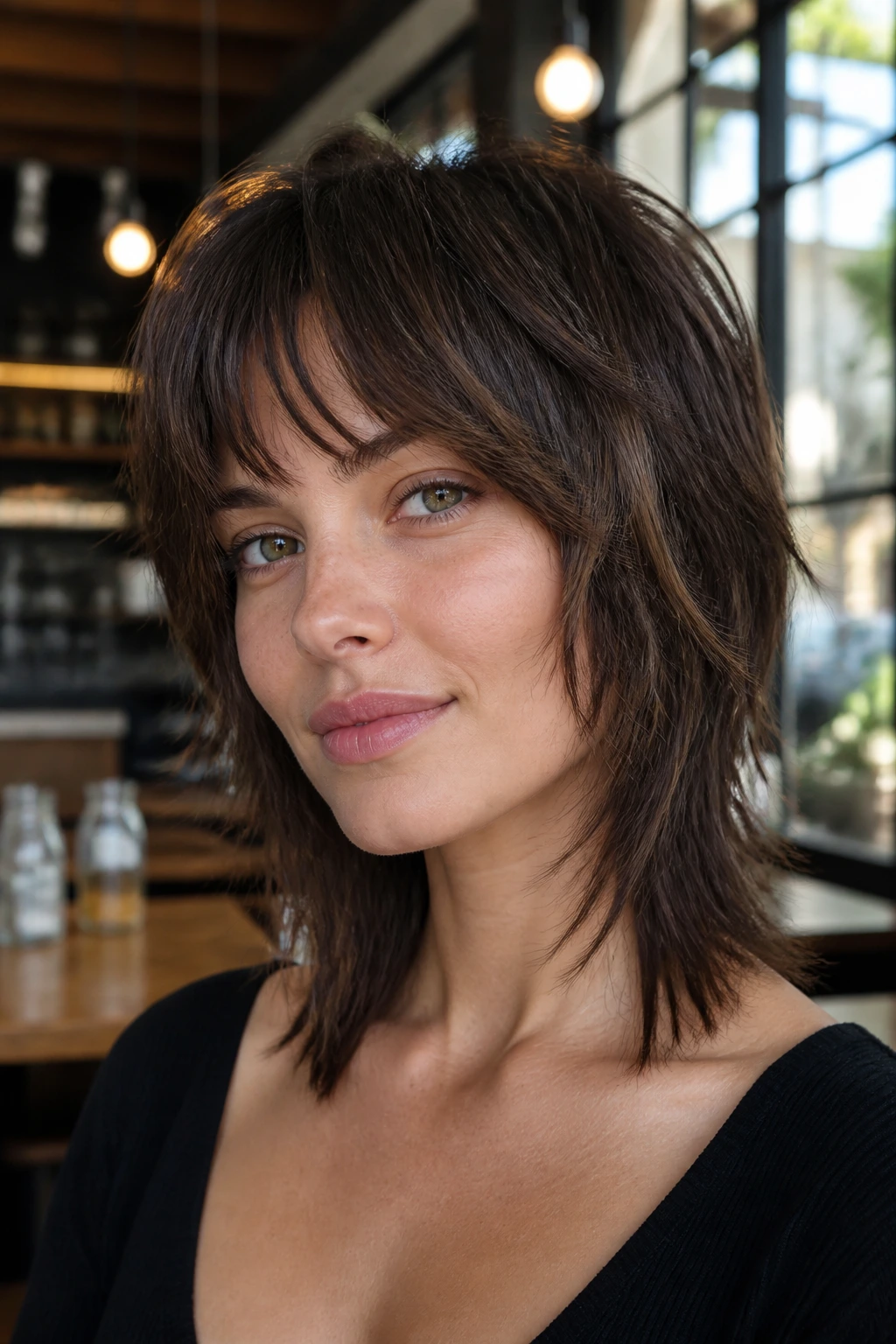 Woman with razor cut shag showing cheekbone layers and clean perimeter