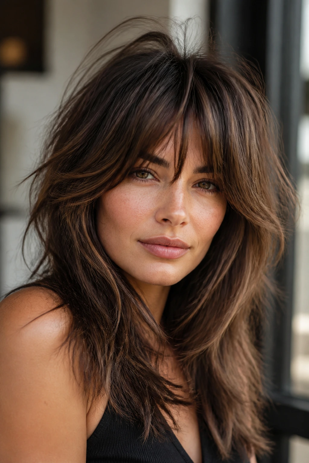 Close-up portrait of a woman with razor-cut shag and cocoa lowlights.