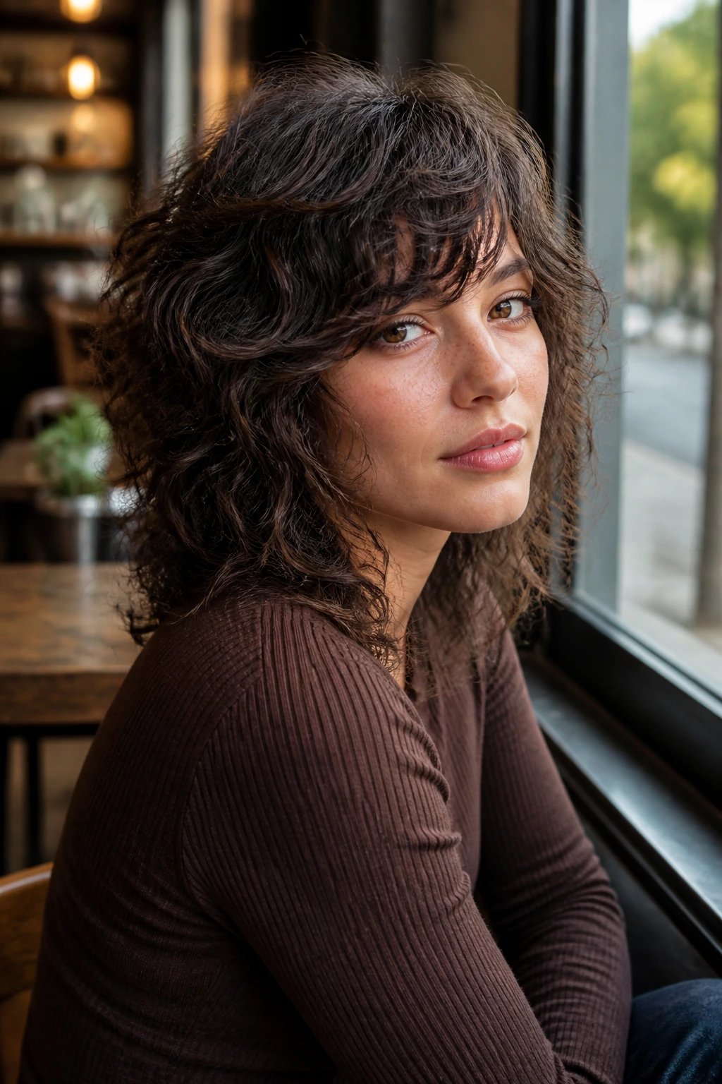 Close-up of a real person with soft razor-cut curls and wispy side-swept bangs by a cafe window