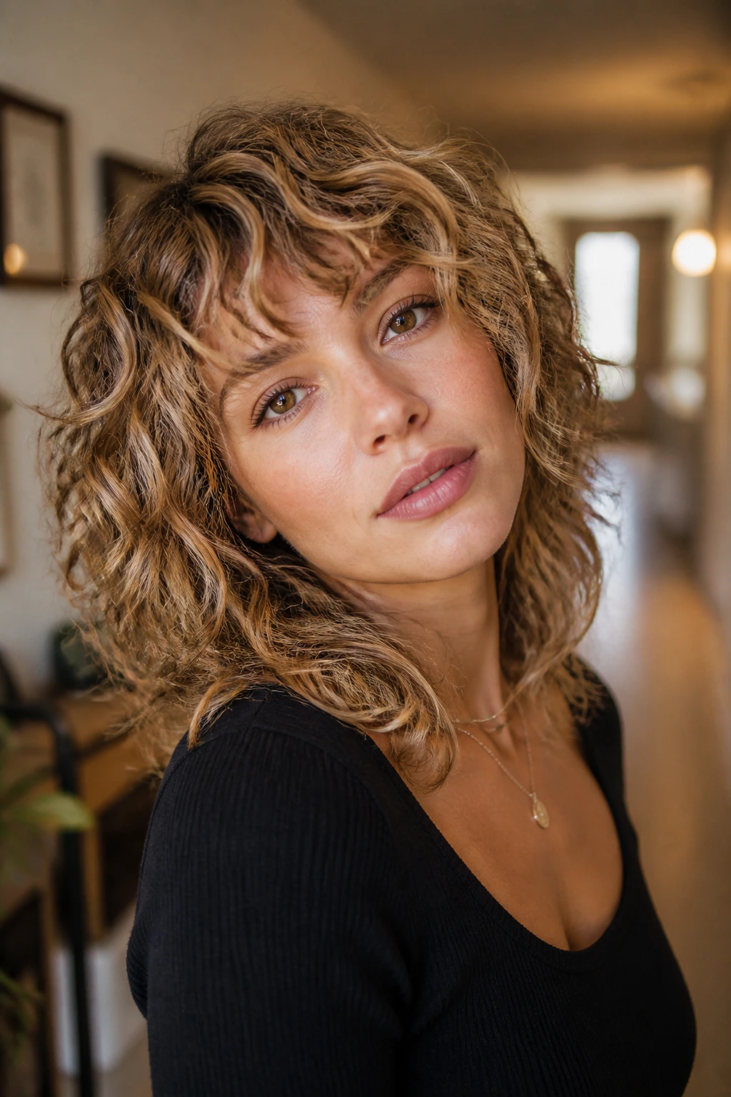 Real woman with razor-cut shag and warm blonde babylights.