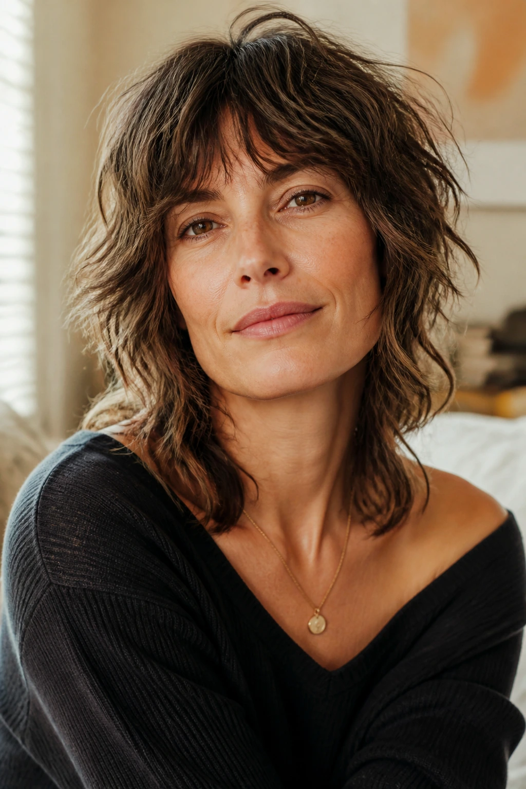 Close-up portrait of a real woman with Razor-Cut Wavy Shag in warm window light