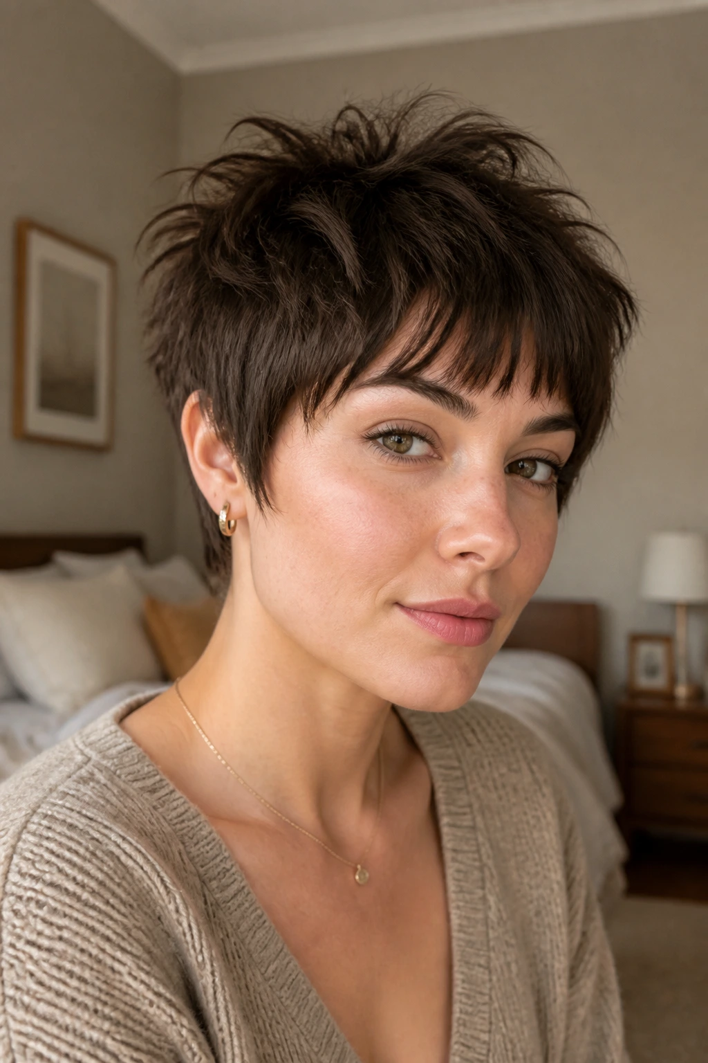 Close-up portrait of a real woman with razor-cut micro shag pixie hairstyle
