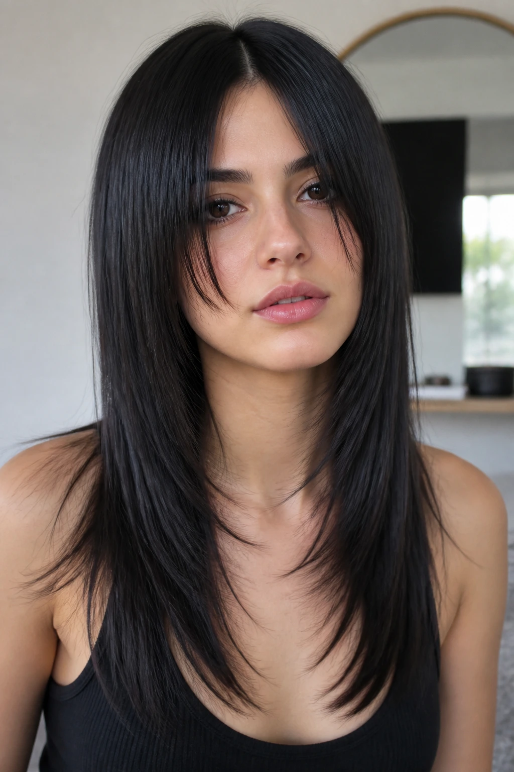 Portrait of a woman with razor-cut shag on straight hair