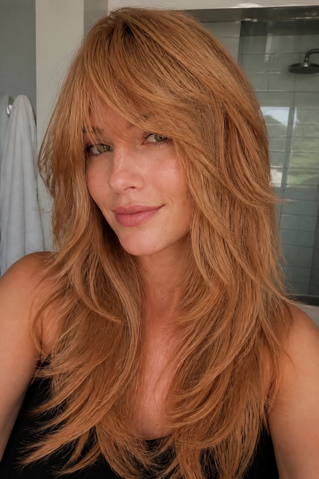 Close-up portrait of a real woman with razor-cut shag on thick strawberry-blonde hair