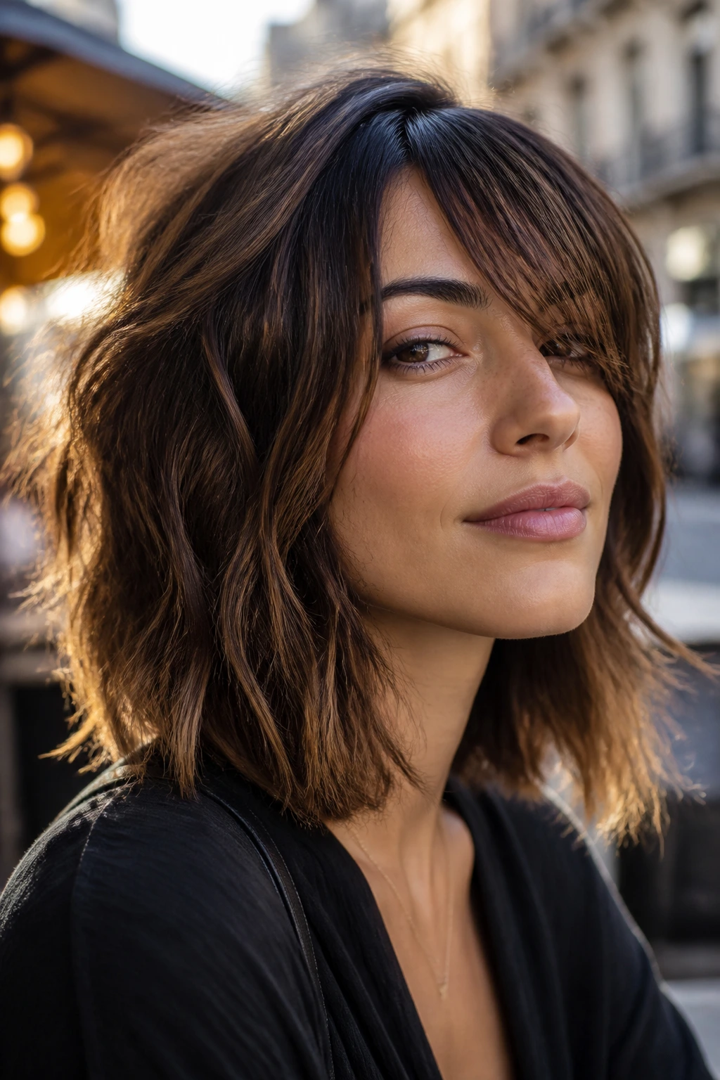 Real woman with razor-cut shoulder-length hair and shattered ends.