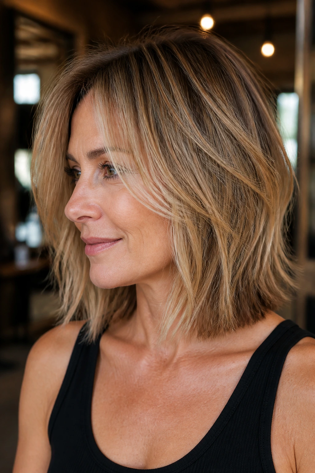 Real woman with razor-cut shoulder crop and airy movement
