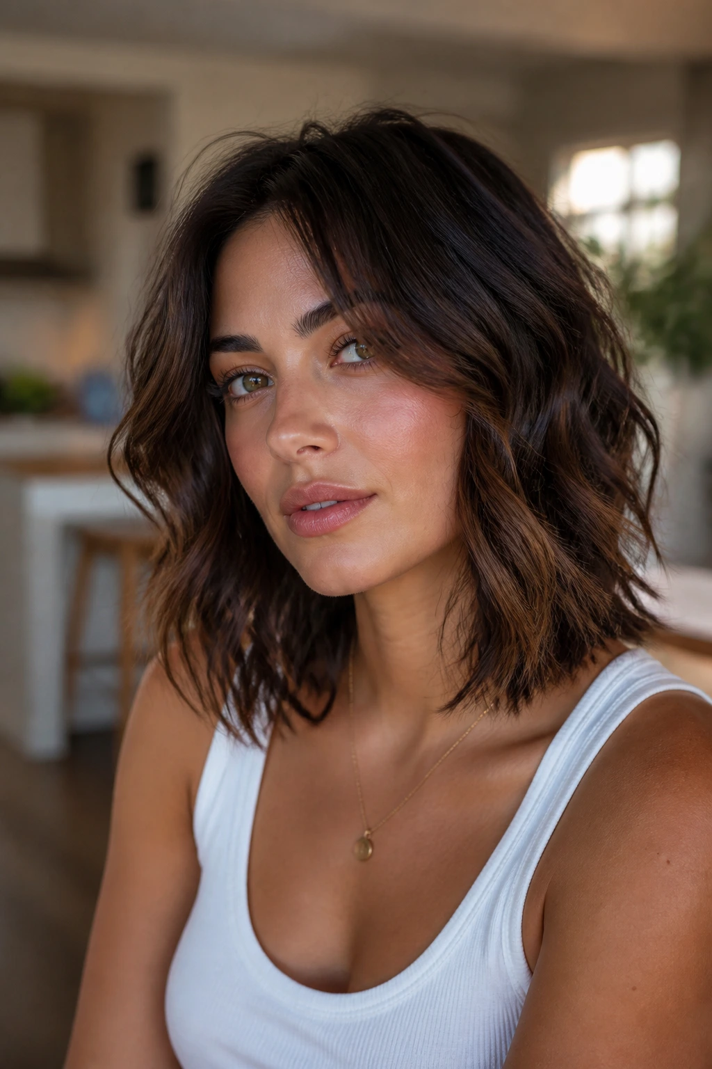 Close-up of shoulder-grazing razor cut on real woman's hair