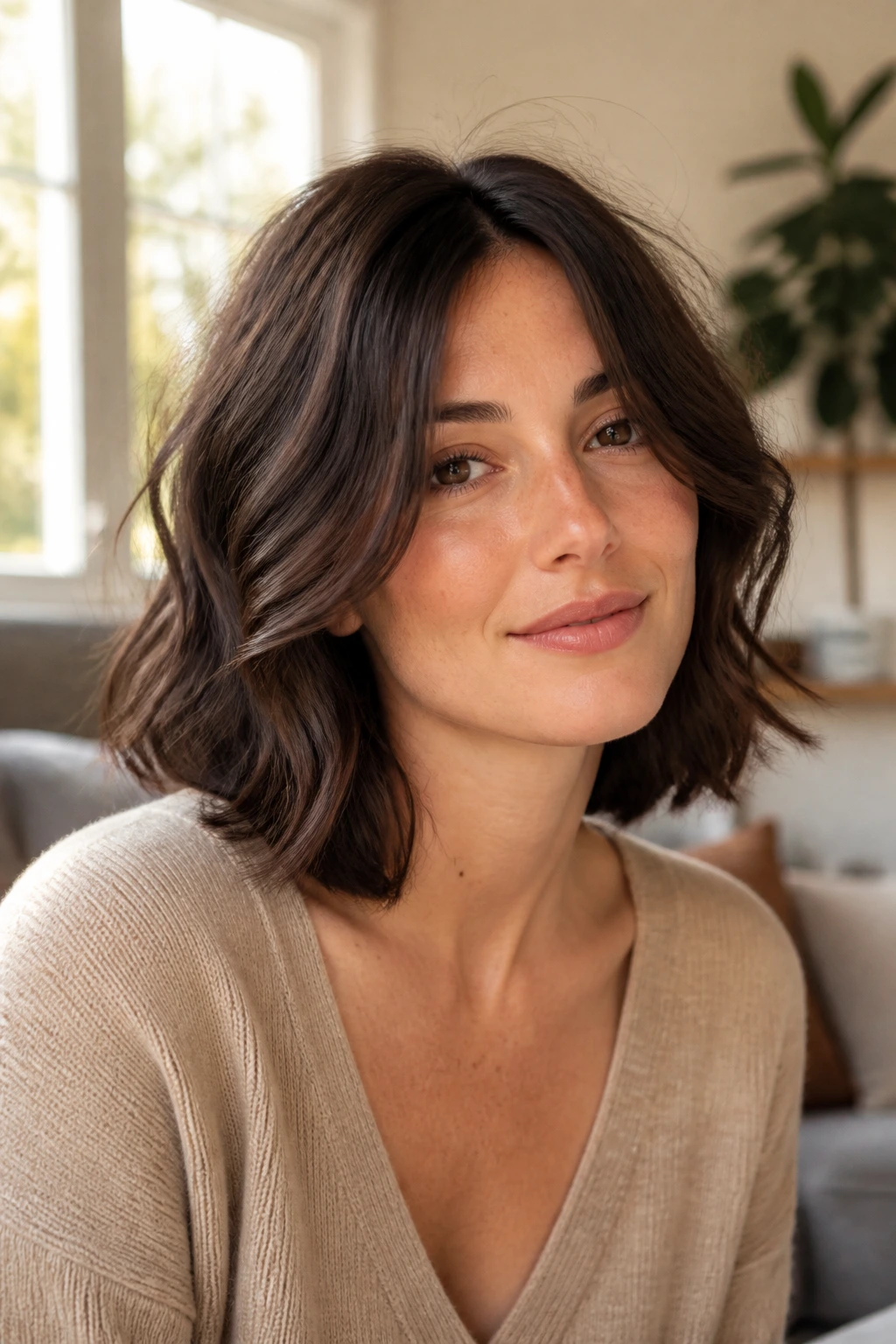 Close-up of a real person with a shoulder-length razor cut in a bright living room setting.
