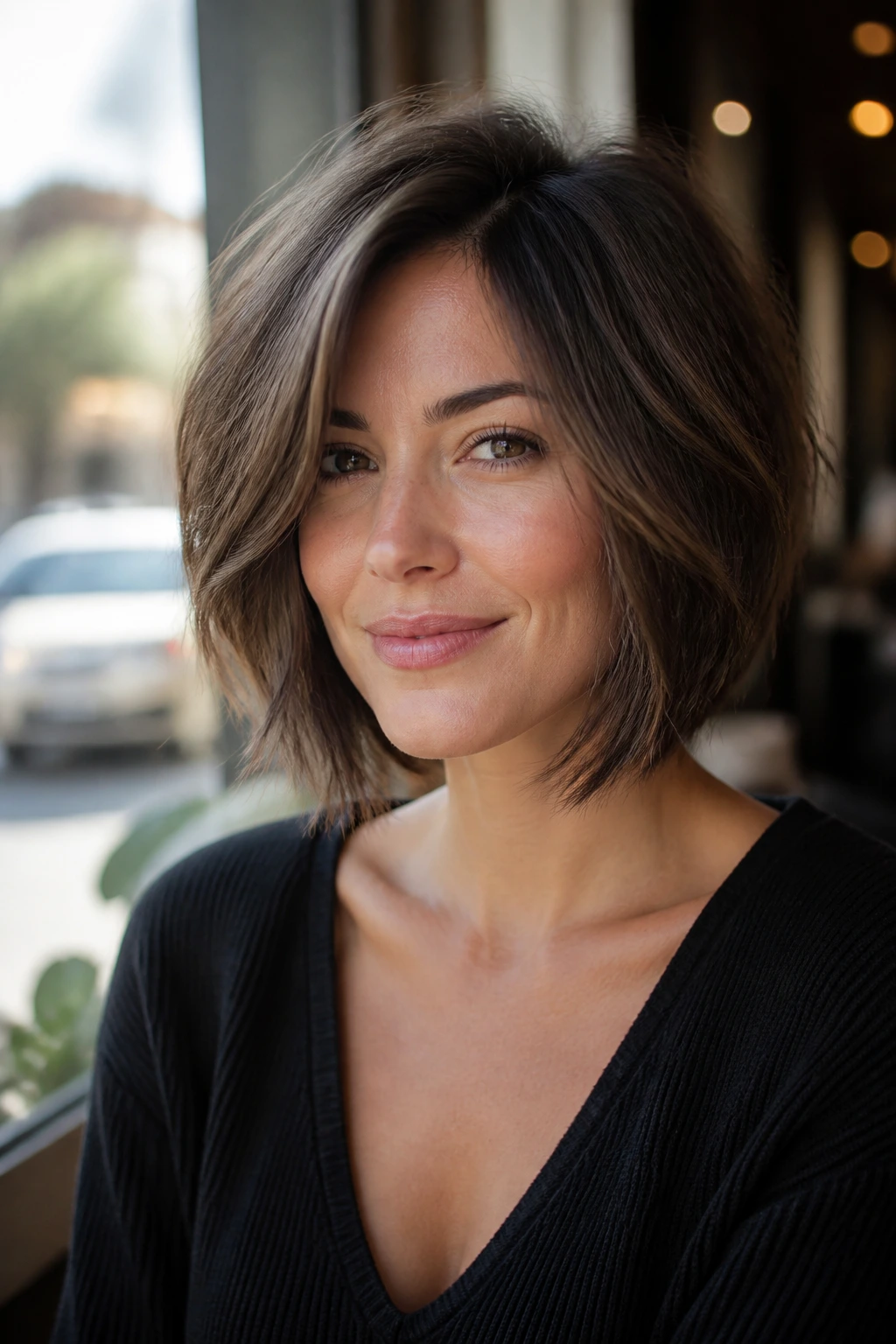 Close-up portrait of a real woman with a razor-cut smoky brunette bob under cafe window light