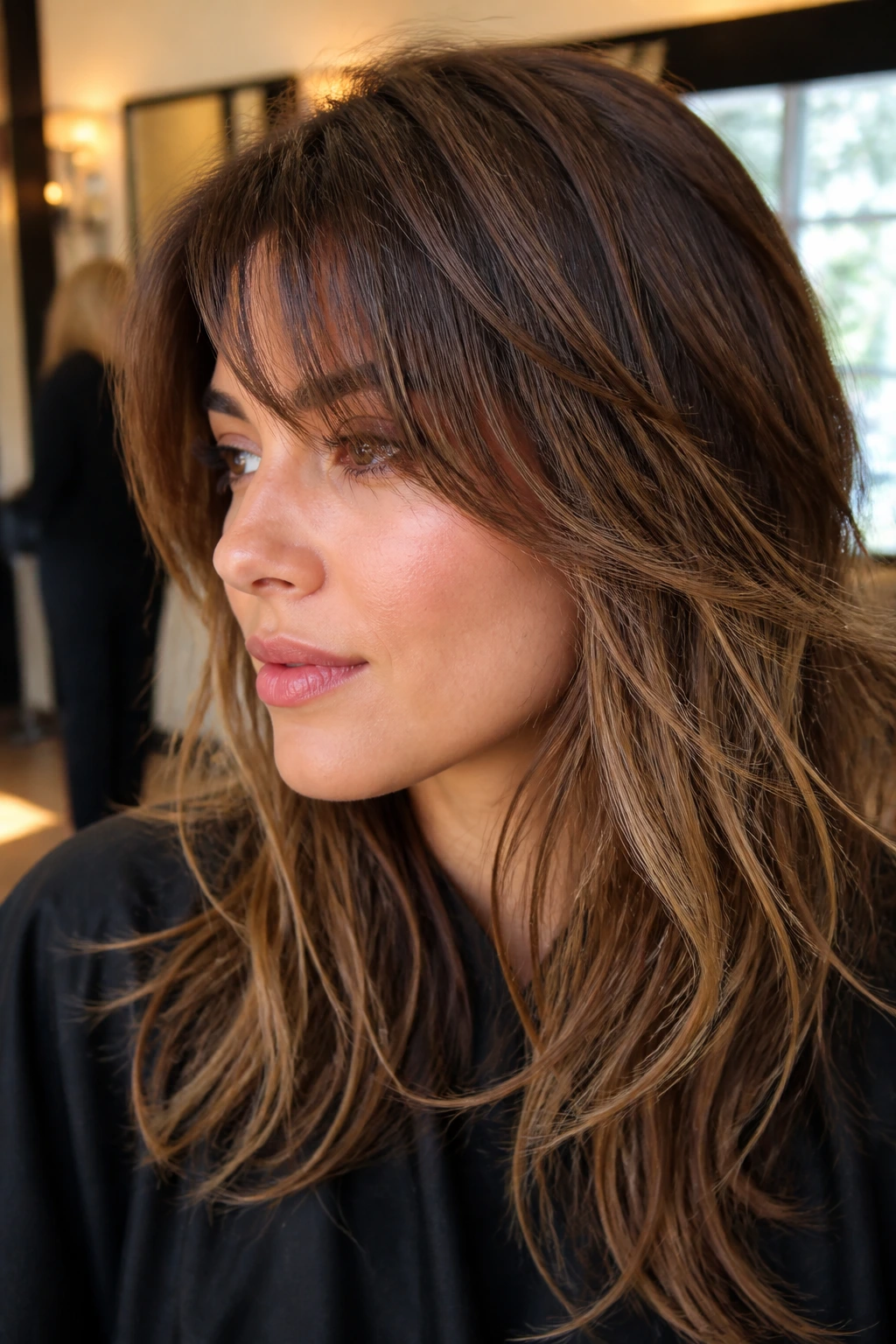 Close-up of a real woman with razor-cut swoop bangs and piecey ends in a salon setting