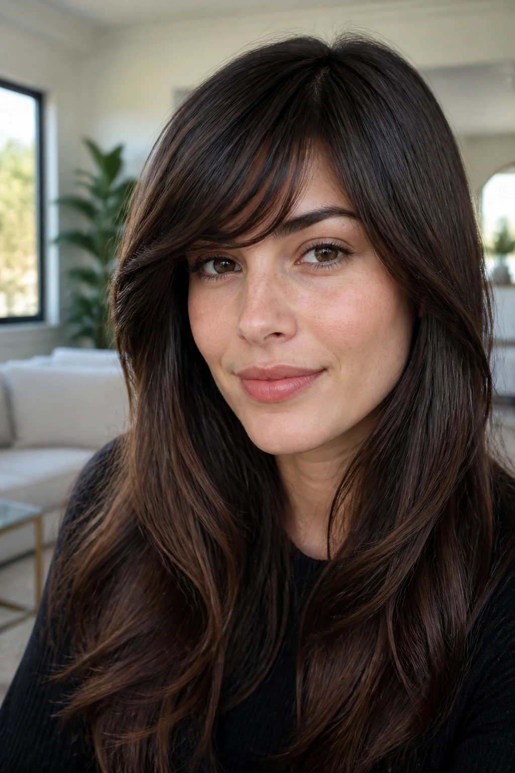 Close-up of a real woman with razor-cut swoop bangs on dense hair in a bright living room