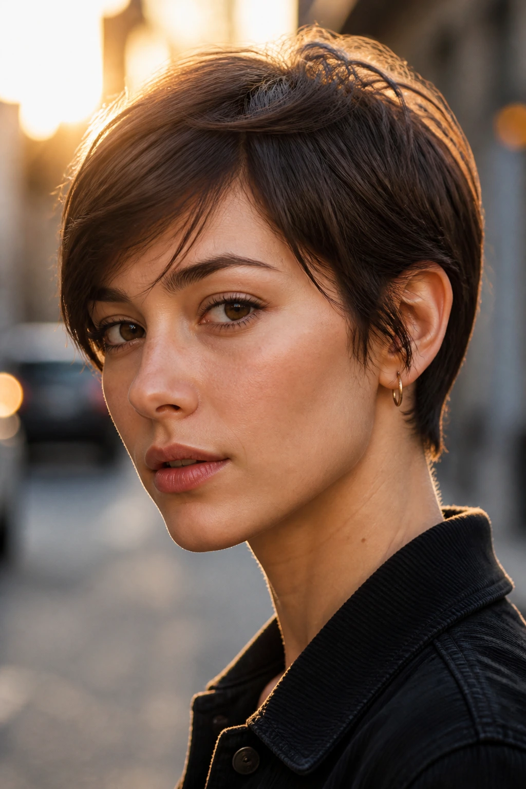 Close-up of a real person with razor-cut temple sweep fringe